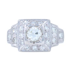 Platinum Diamond Art Deco Halo Ring, Old European Cut .99ctw Vintage Milgrain