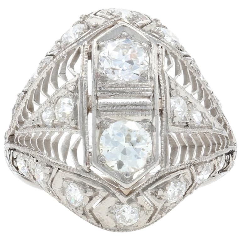 Platinum Diamond Art Deco Ring, European Cut 1.22 Carat Vintage Milgrain For Sale