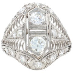 Platinum Diamond Art Deco Ring, European Cut 1.22 Carat Vintage Milgrain