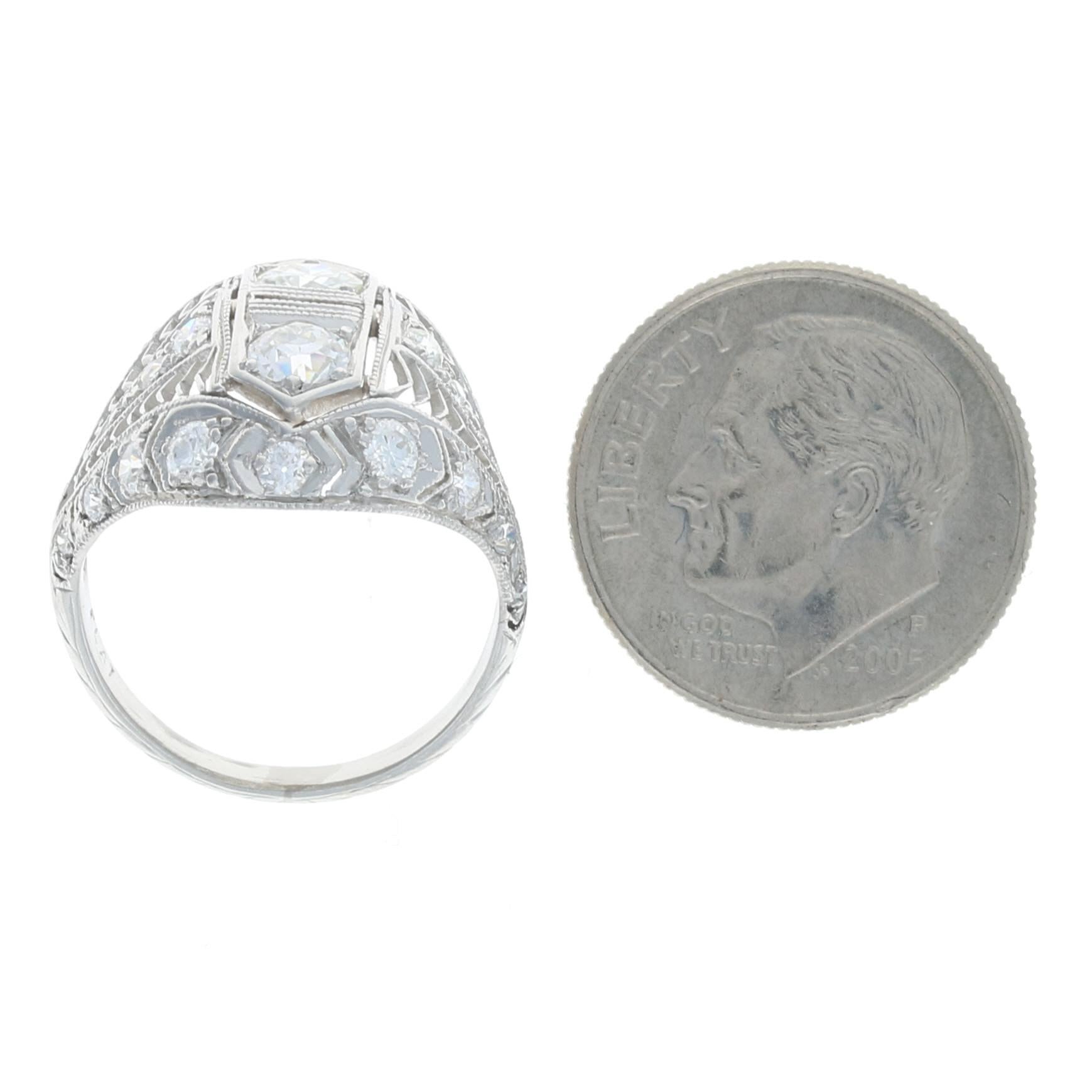 Platinum Diamond Art Deco Ring, European Cut 1.22 Carat Vintage Milgrain In Excellent Condition For Sale In Greensboro, NC