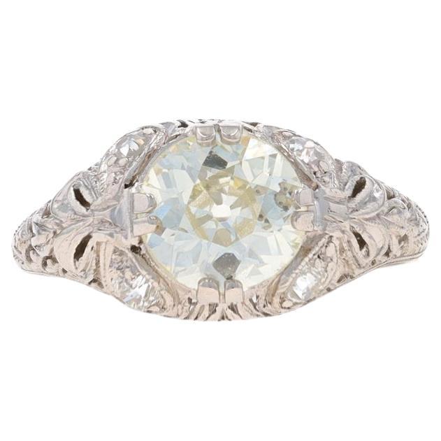 Platinum Diamond Art Deco Ring - European Cut 1.70ctw Vintage Filigree For Sale