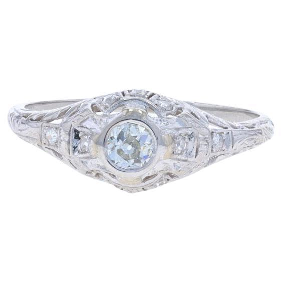 Platinum Diamond Art Deco Ring - Mine Cut .30ctw Vintage Milgrain Filigree For Sale