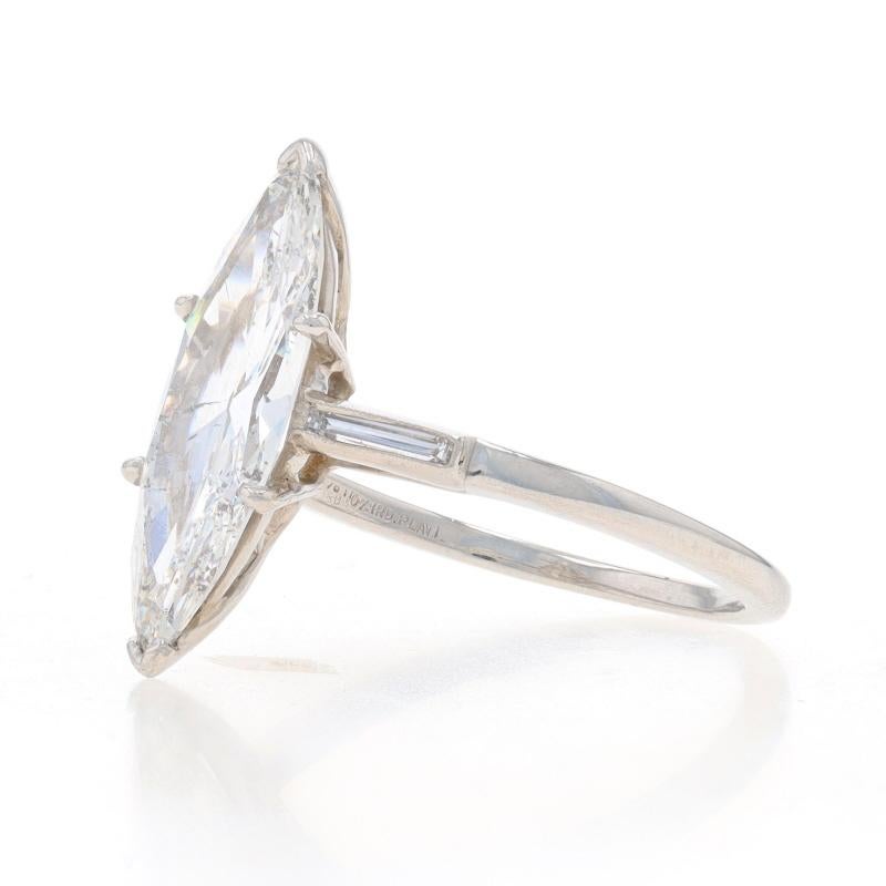Size: 6 3/4
Sizing Fee: Up 1 size for $40 or Down 1/2 a size for $30

Era: Art Deco
Date: 1920s - 1930s

Metal Content: Platinum

Stone Information
Natural Diamond
Carat(s): 2.40ct
Cut: Old Cut Marquise
Color: G
Clarity: SI2
Certified by: GIA
Report