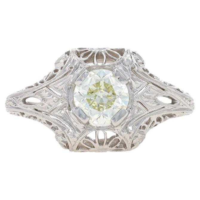 Platinum Diamond Art Deco Solitaire Ring - Euro .71ct Vintage Filigree Milgrain For Sale