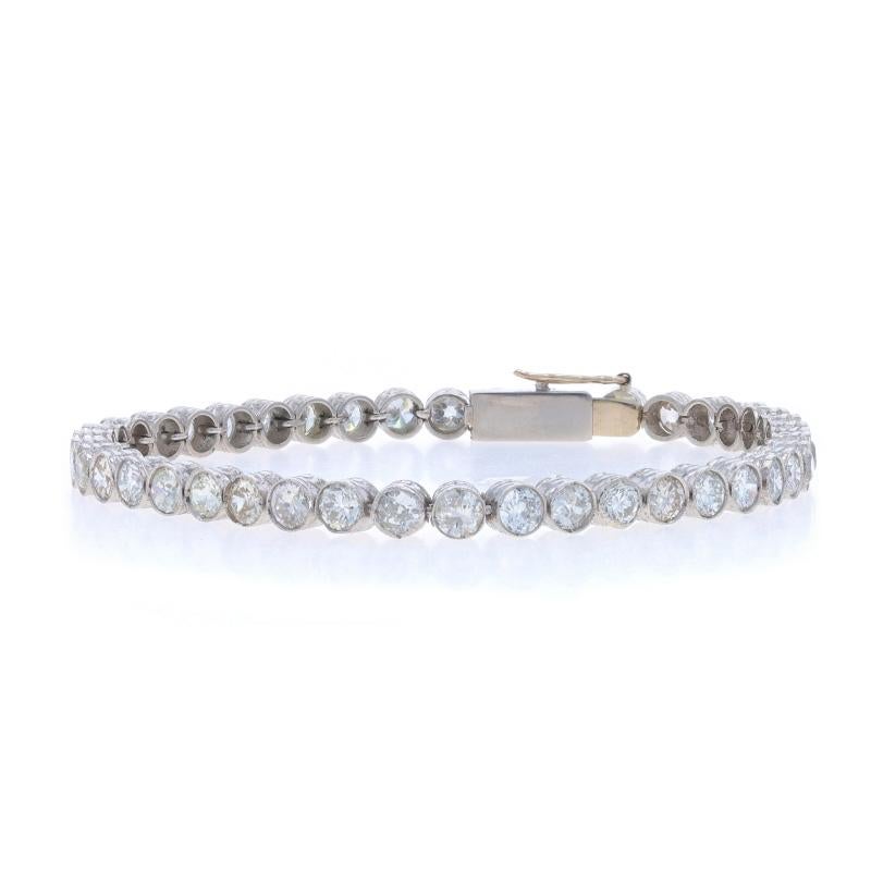 Era: Art Deco
Date: 1920s - 1930s

Metal Content: Platinum (bracelet) & 18k White Gold (clasp & latch)

Stone Information
Natural Diamonds
Carat(s): 6.72ctw
Cut: European, Old Cut Round Brilliant, & Mine
Color: H - I - J - K
Clarity: SI1 - I1

Total