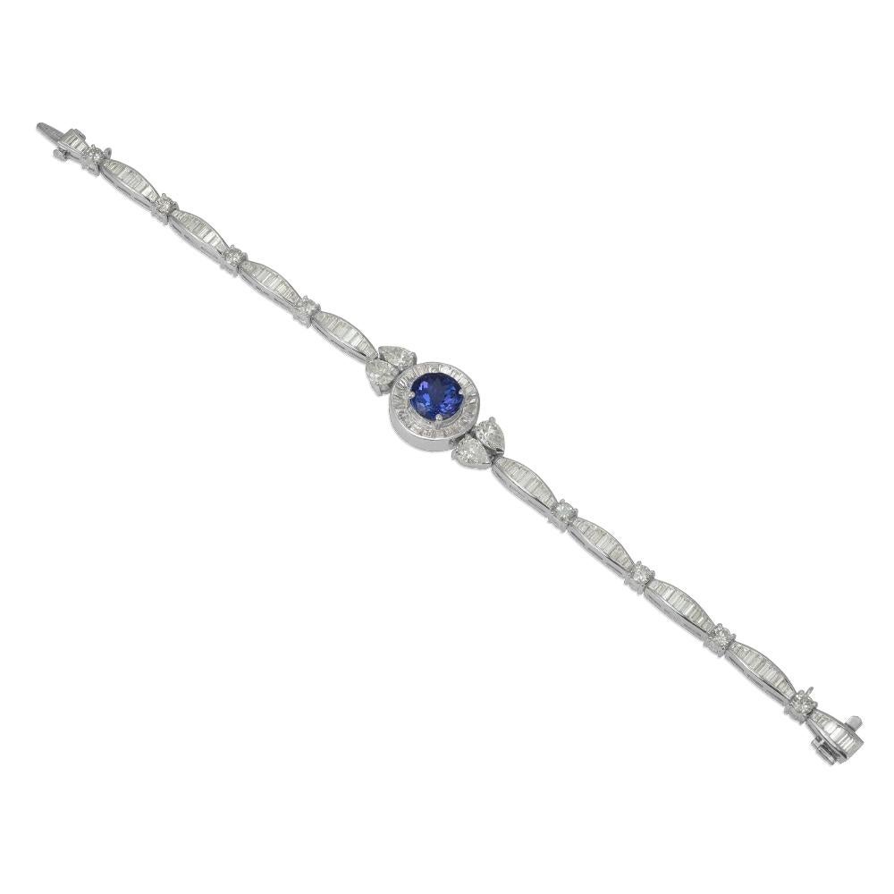 Platinum Diamond Baguette and Round Tanzanite Bracelet In Good Condition In Coral Gables, FL