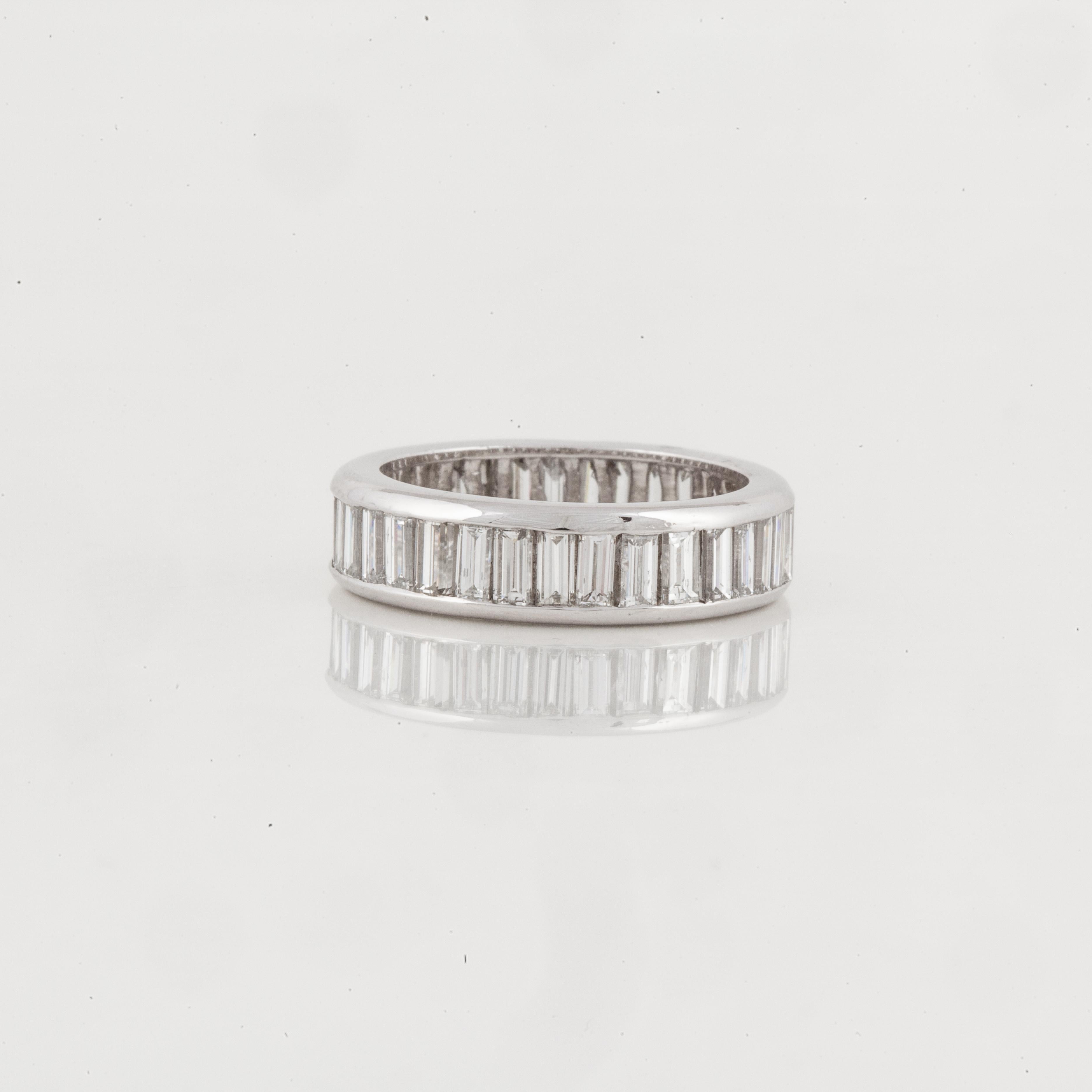 Diamond eternity band with thirty-six (36) channel-set baguette diamonds that total 3.50 carats ; H-I color and VS2-SI2 clarity.  Band is a size 7 and is 3/16 inches wide.