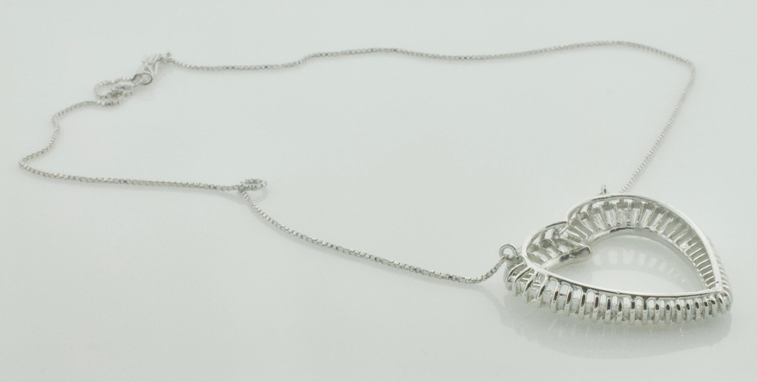 Baguette Cut Platinum Diamond Baguette Heart Necklace 3.00 Carats Circa 1960's For Sale