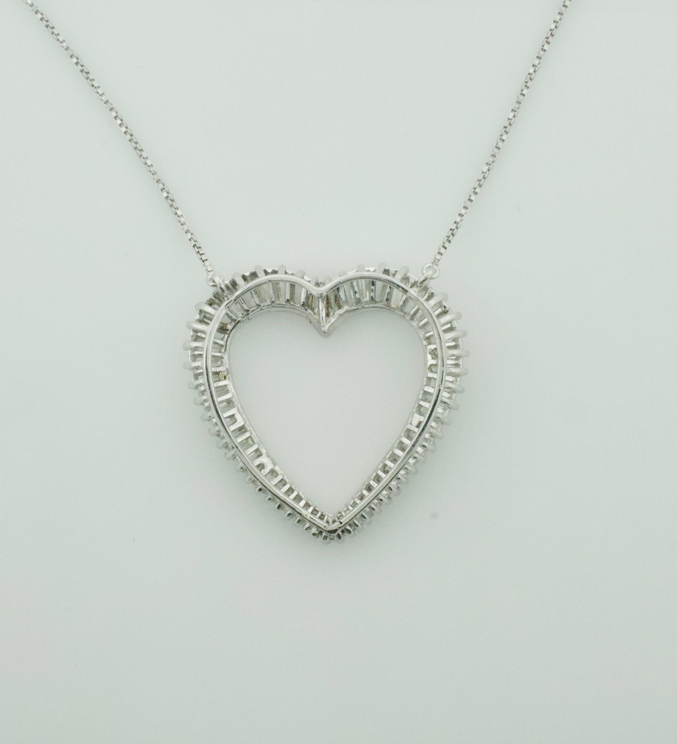 Platinum Diamond Baguette Heart Necklace 3.00 Carats Circa 1960's In Excellent Condition For Sale In Wailea, HI