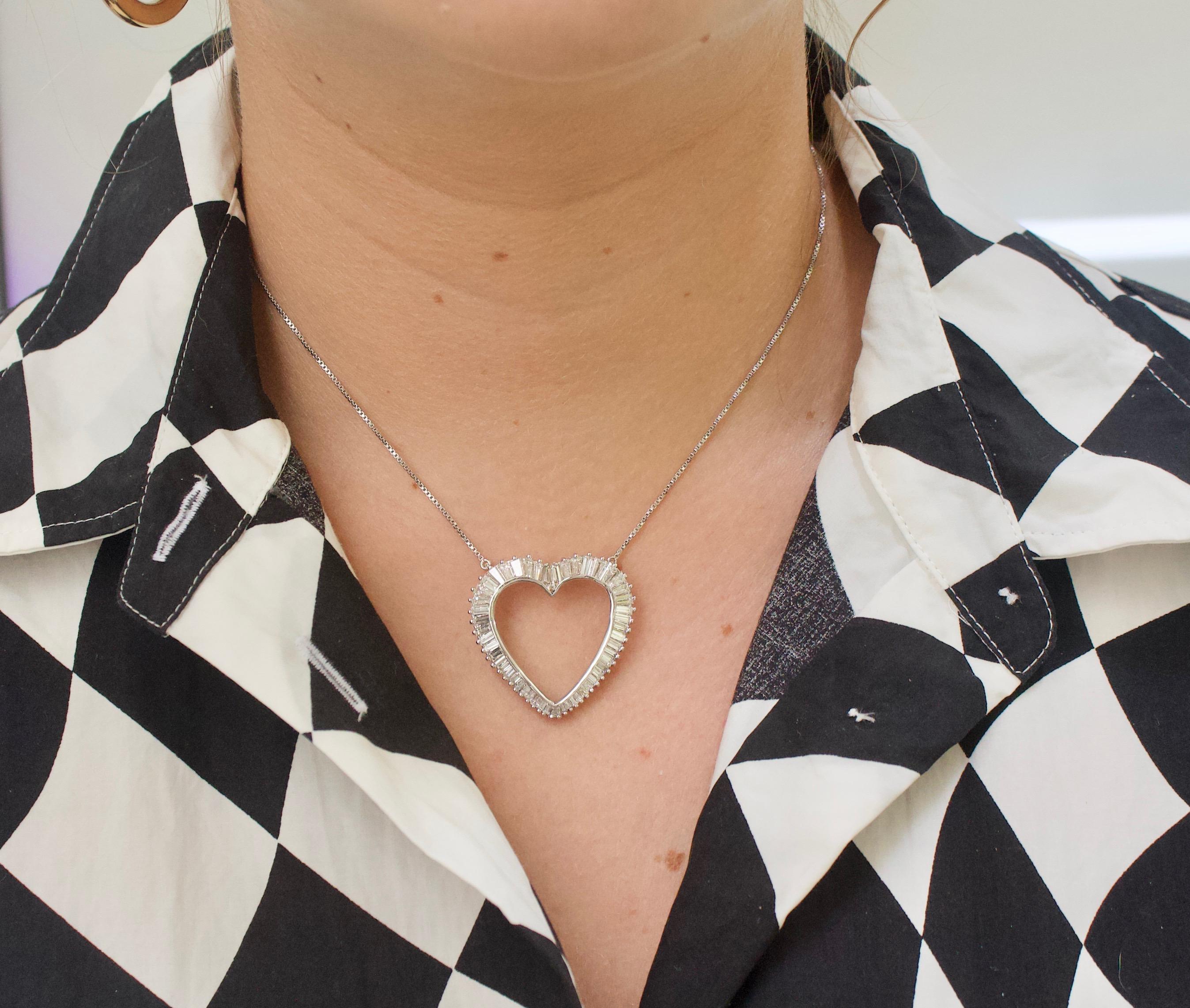 Women's or Men's Platinum Diamond Baguette Heart Necklace 3.00 Carats Circa 1960's For Sale
