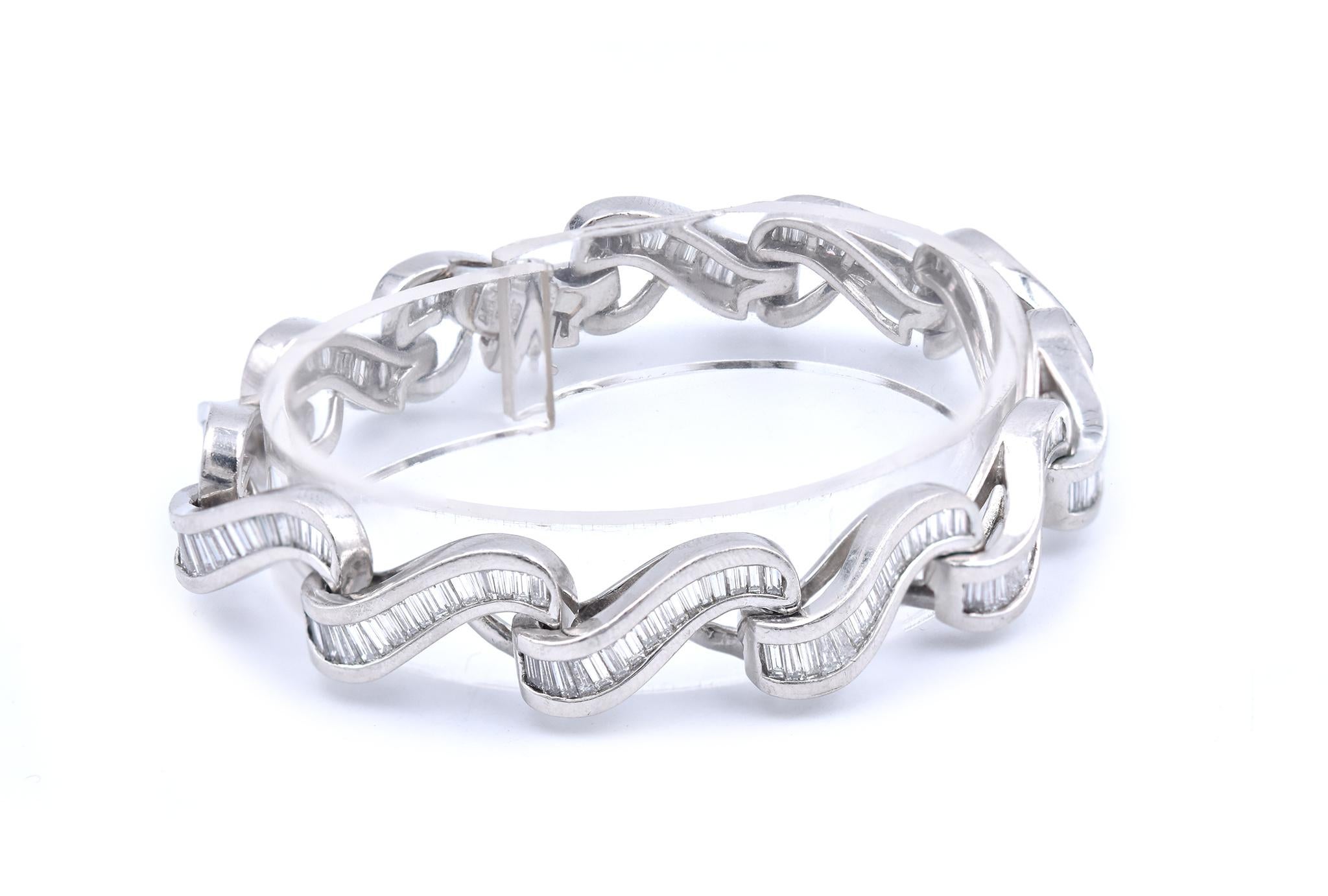 Material: platinum
Diamonds: 204 baguette cut = 6.12cttw
Color: G
Clarity: SI1-2
Dimensions: bracelet will fit up to a 7-inch wrist
Weight: 61.28 grams