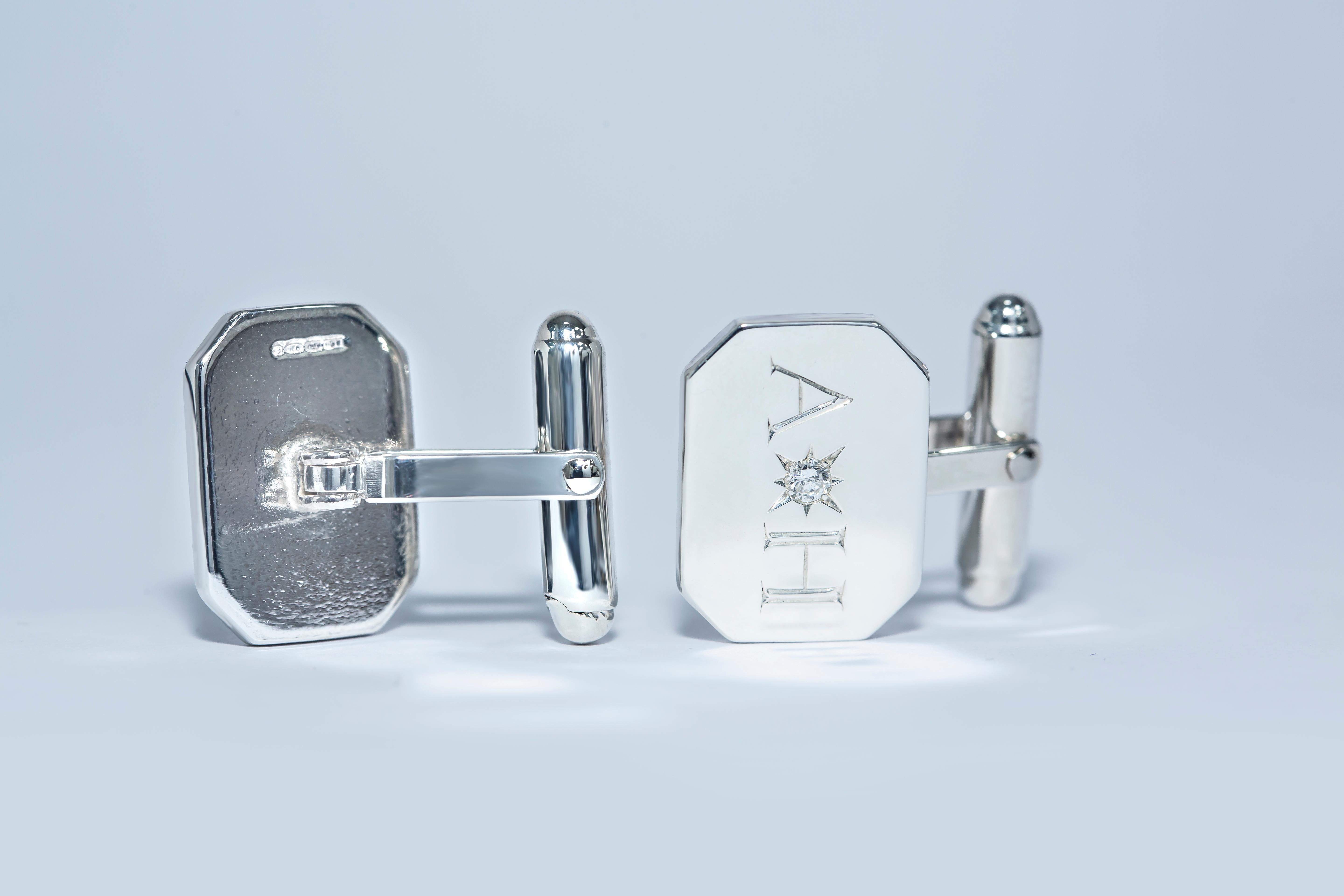 Platinum Diamond Bespoke Rectangular Initials Engraved Modern Hasbani Cufflinks In New Condition For Sale In London, GB