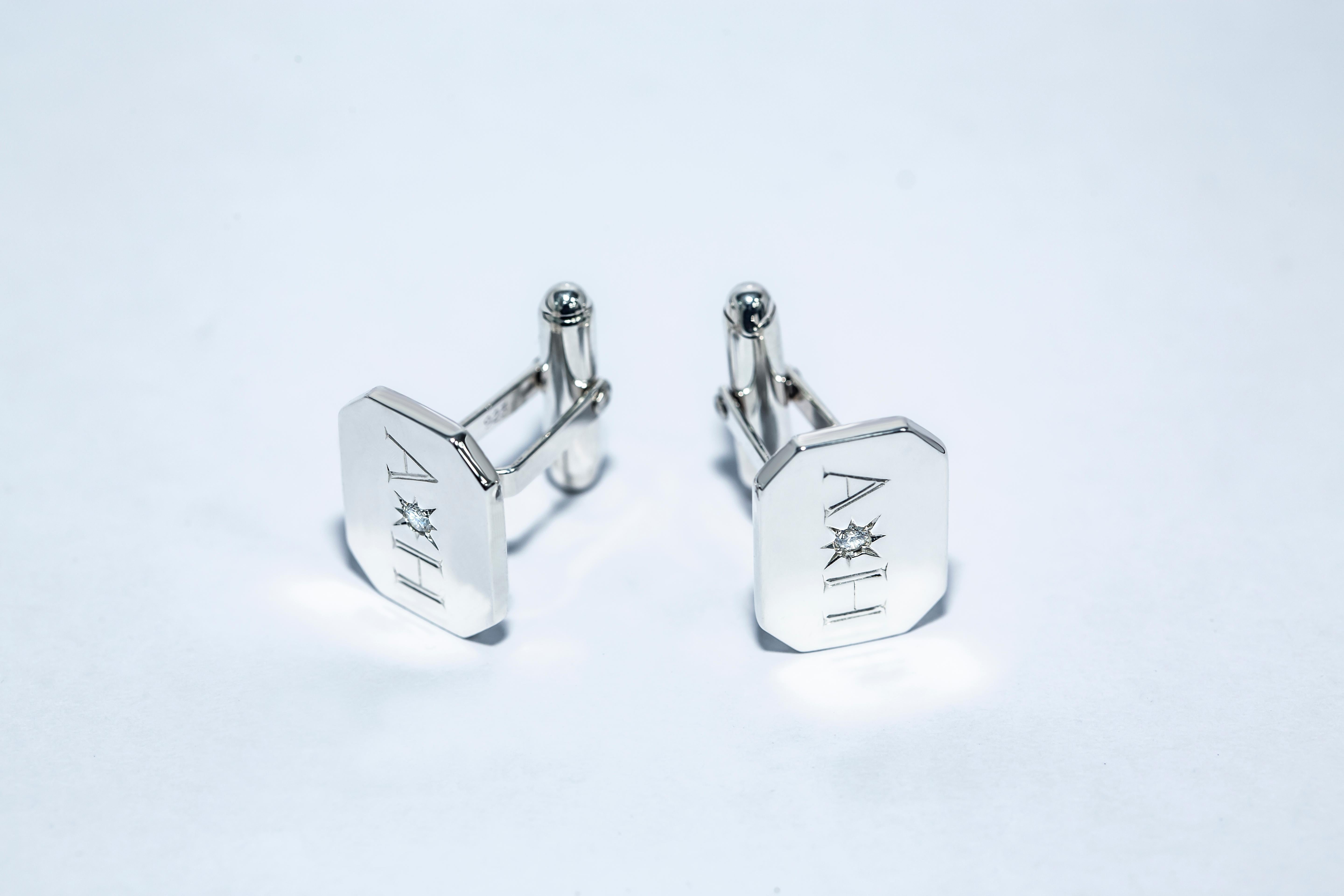 Platinum Diamond Bespoke Rectangular Initials Engraved Modern Hasbani Cufflinks For Sale 1