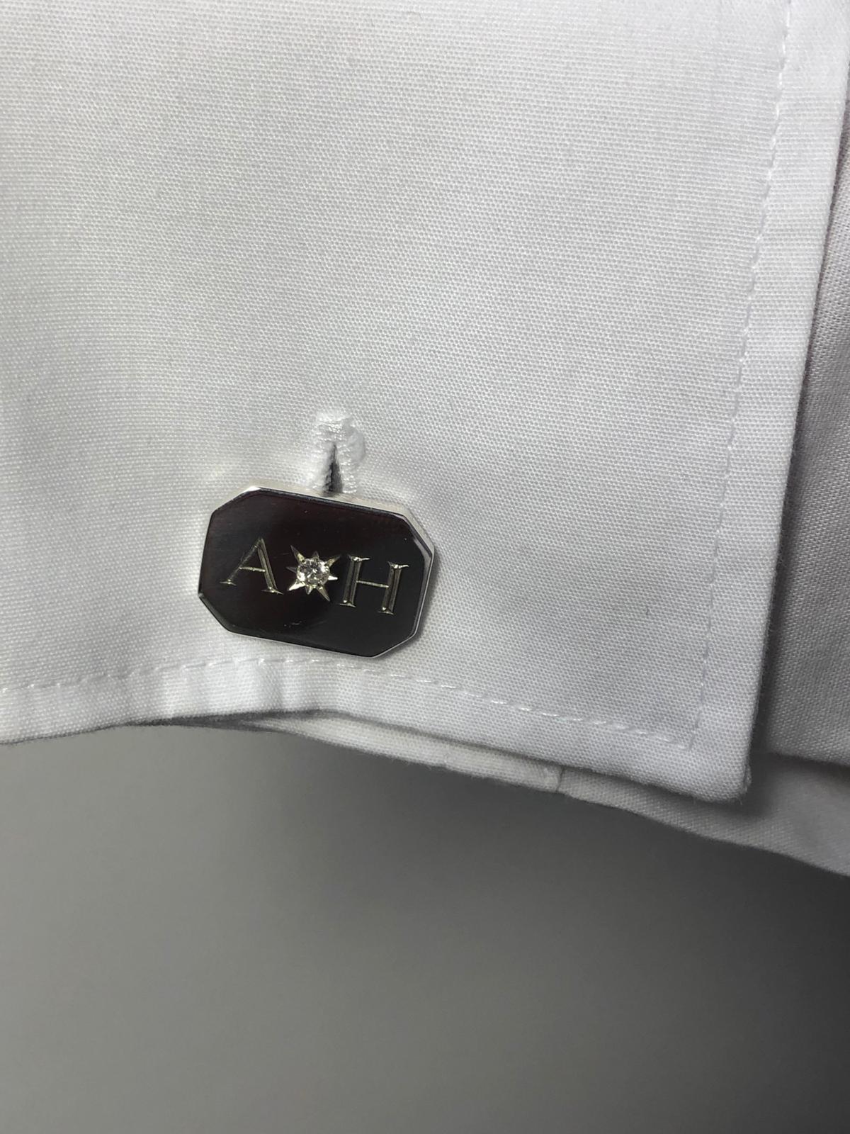 Platinum Diamond Bespoke Rectangular Initials Engraved Modern Hasbani Cufflinks For Sale 3