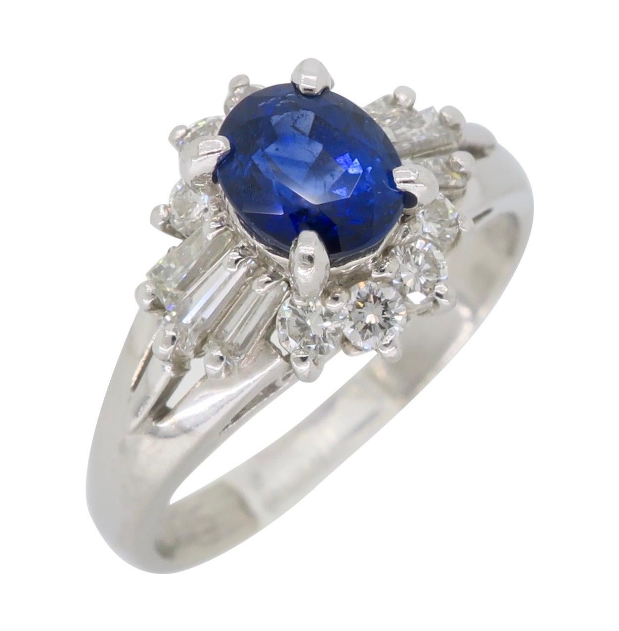 Platinum Diamond and Blue Sapphire Halo Ring In New Condition In Webster, NY