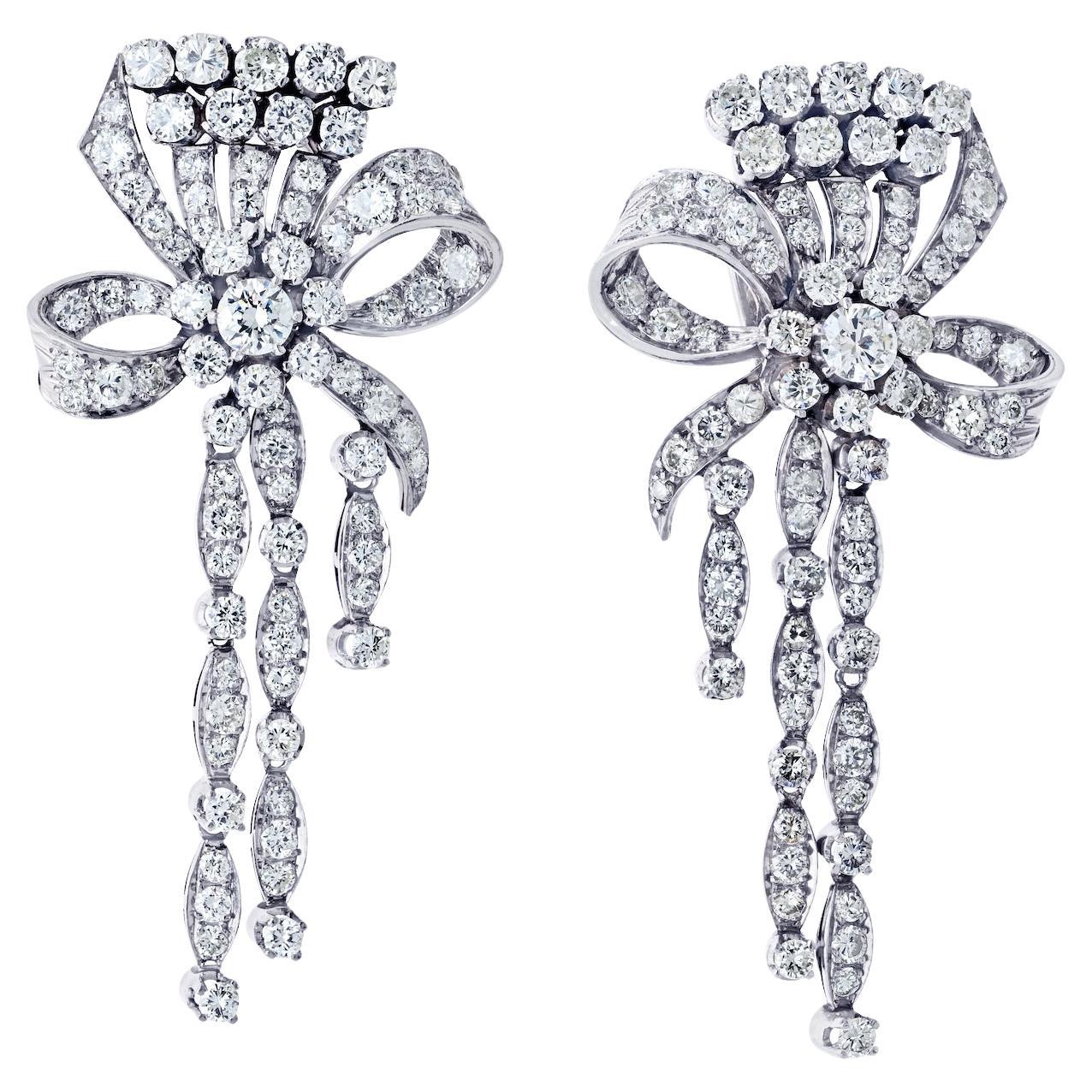 Platinum Diamond Bow 13.00cttw Vintage Dangling Earrings