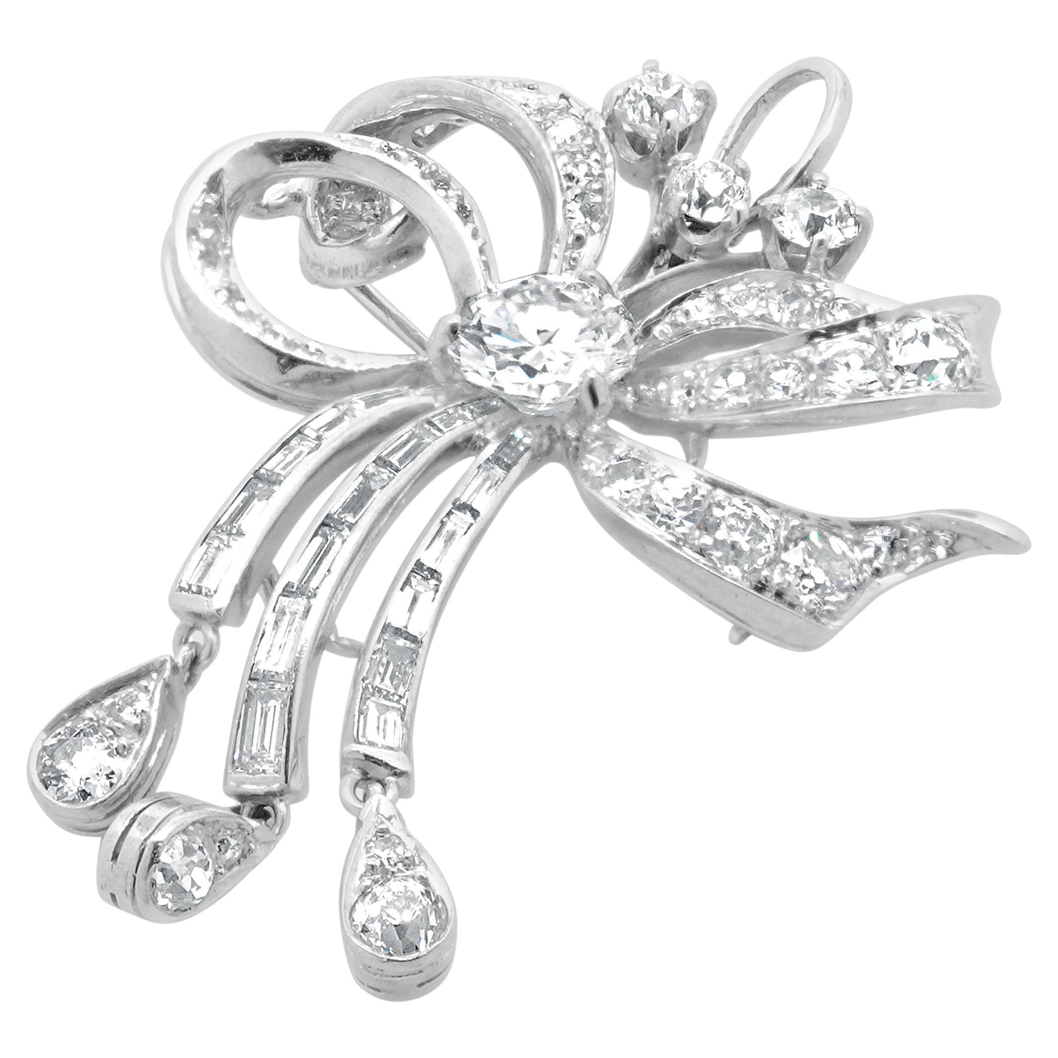 Platinum Diamond Bow Pin For Sale