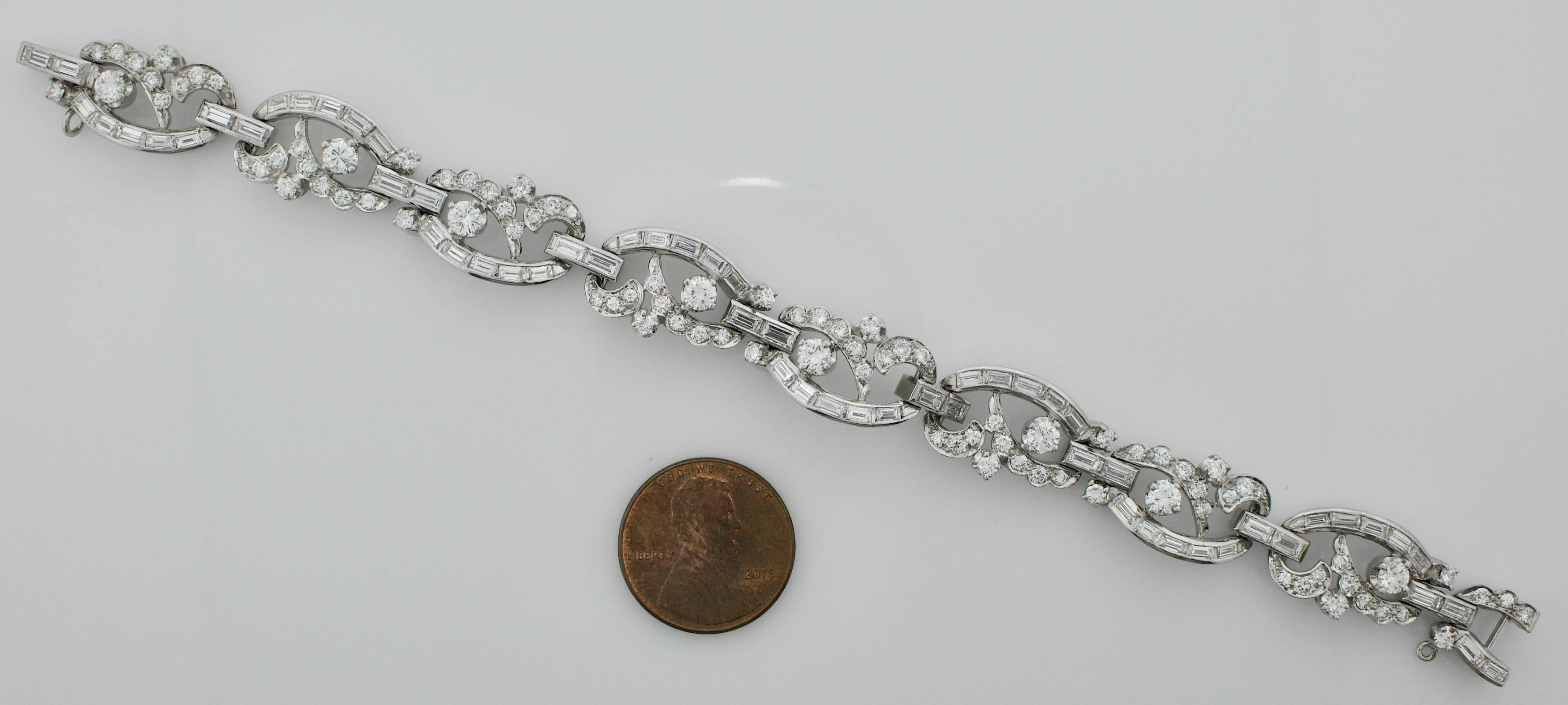 Baguette Cut Platinum Diamond Bracelet, circa 1930s For Sale