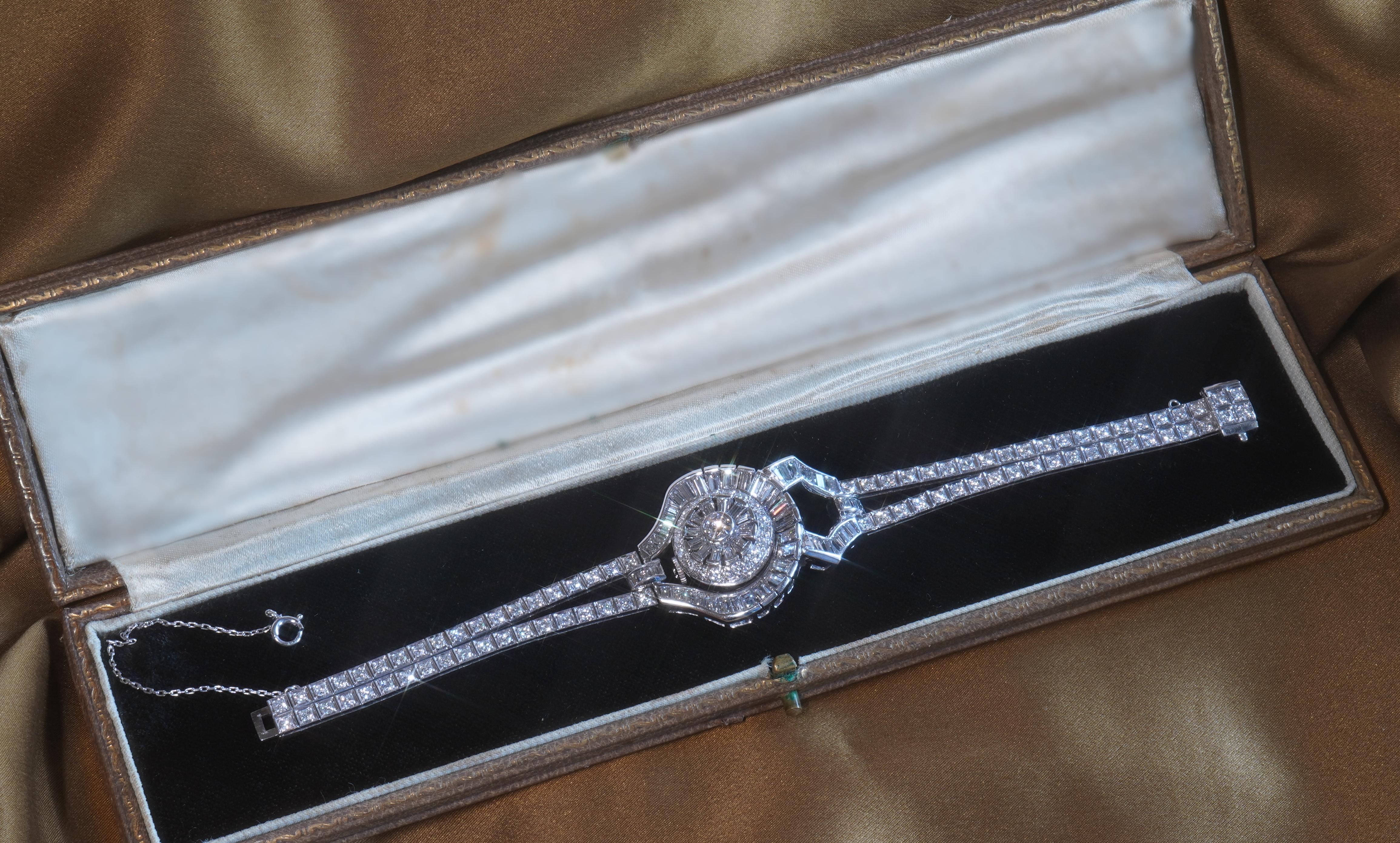 Platino Diamante Pulsera Vintage Pery Reloj GIA Deco VVS Raro Fino 10,04 Quilates Art Decó en venta