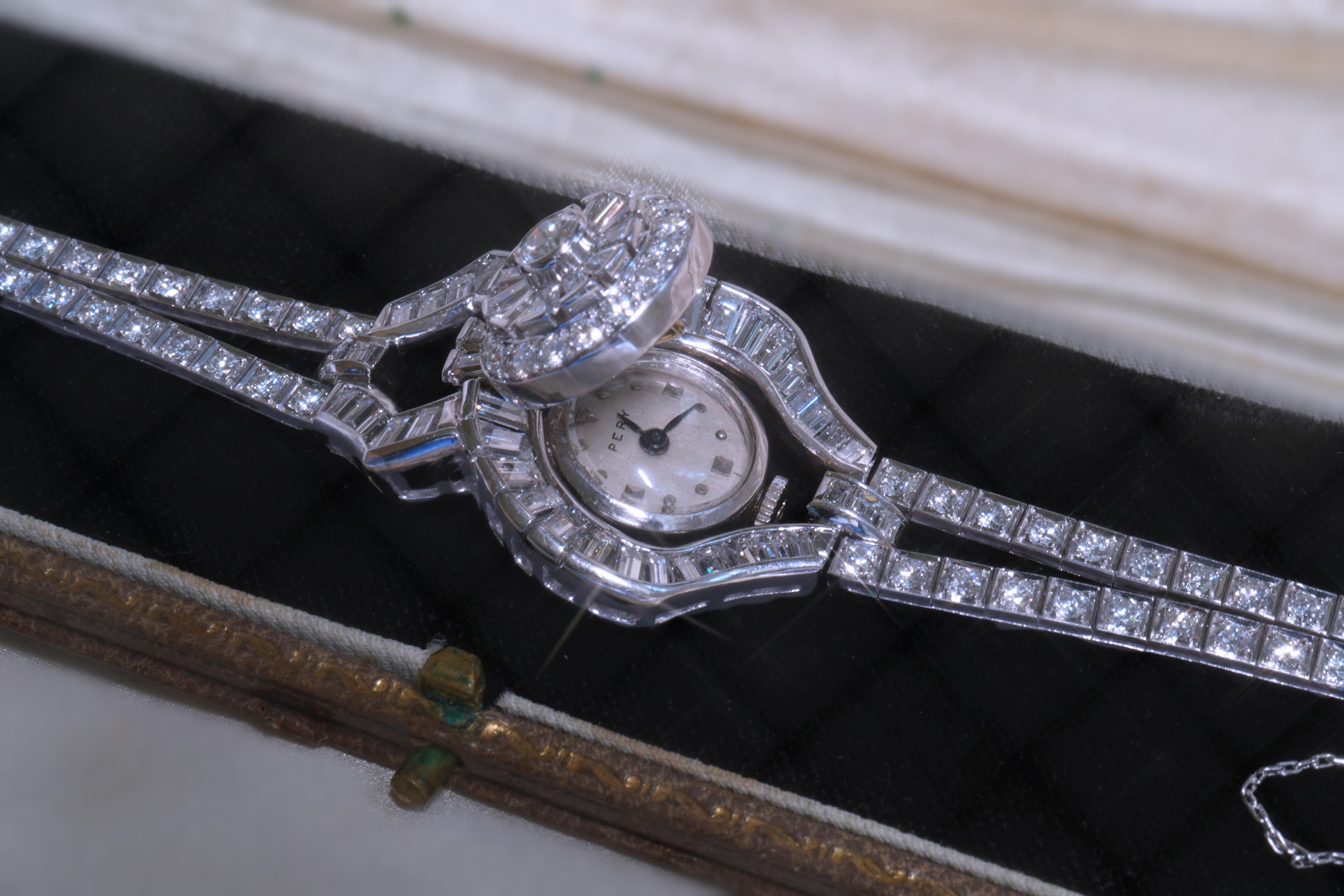Platino Diamante Pulsera Vintage Pery Reloj GIA Deco VVS Raro Fino 10,04 Quilates Corte baguette en venta