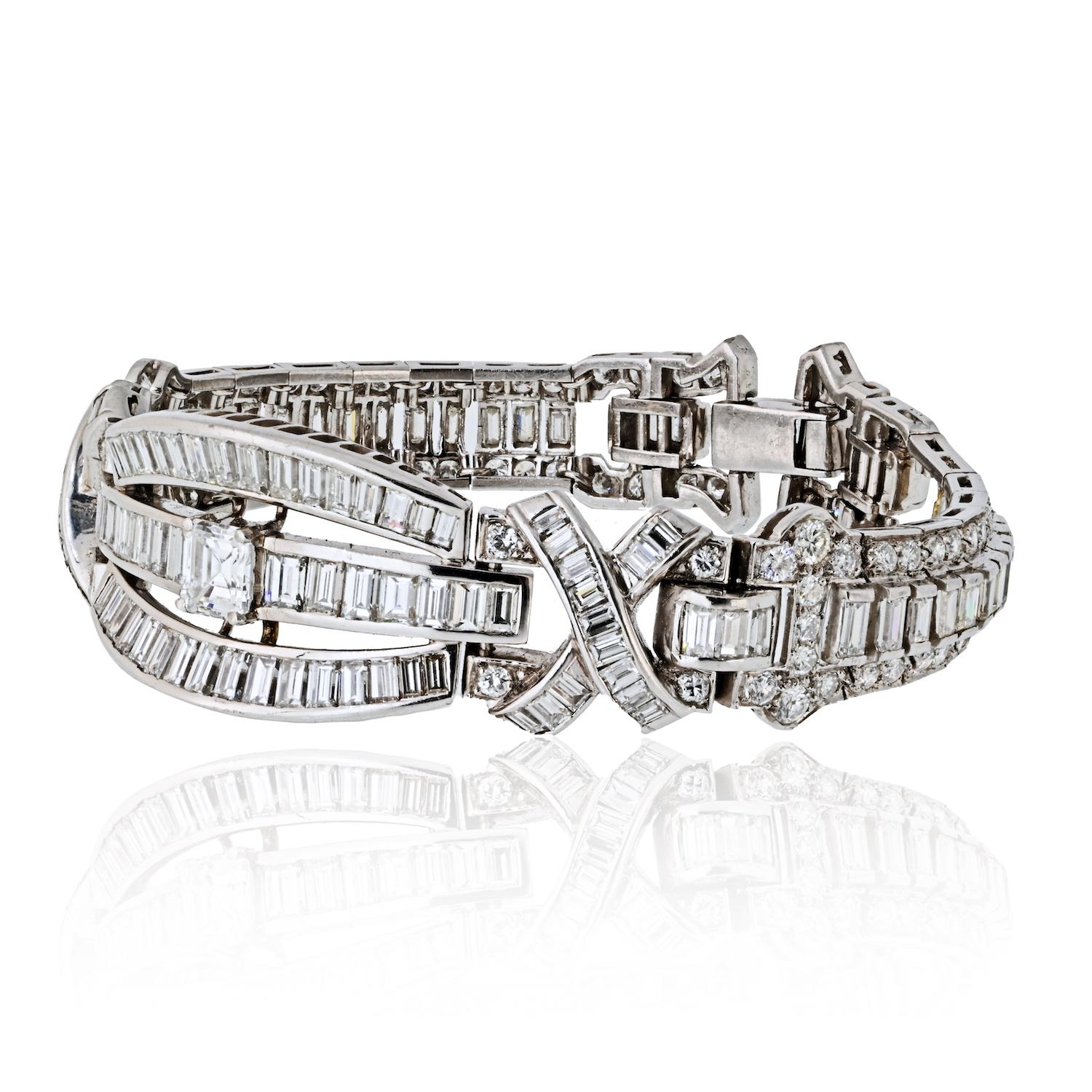 Modern Platinum Diamond Bracelet With Emerald Cut, Baguette Cut and Round Cut Diamonds For Sale