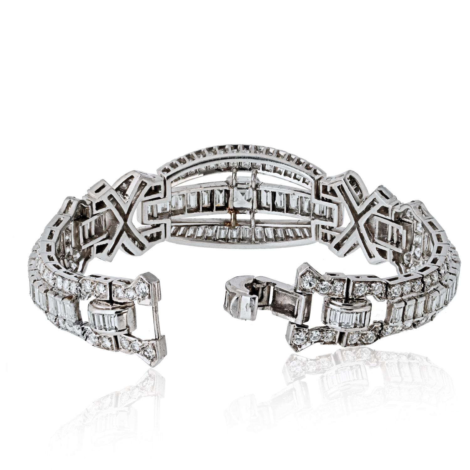 Women's Platinum Diamond Bracelet With Emerald Cut, Baguette Cut and Round Cut Diamonds For Sale