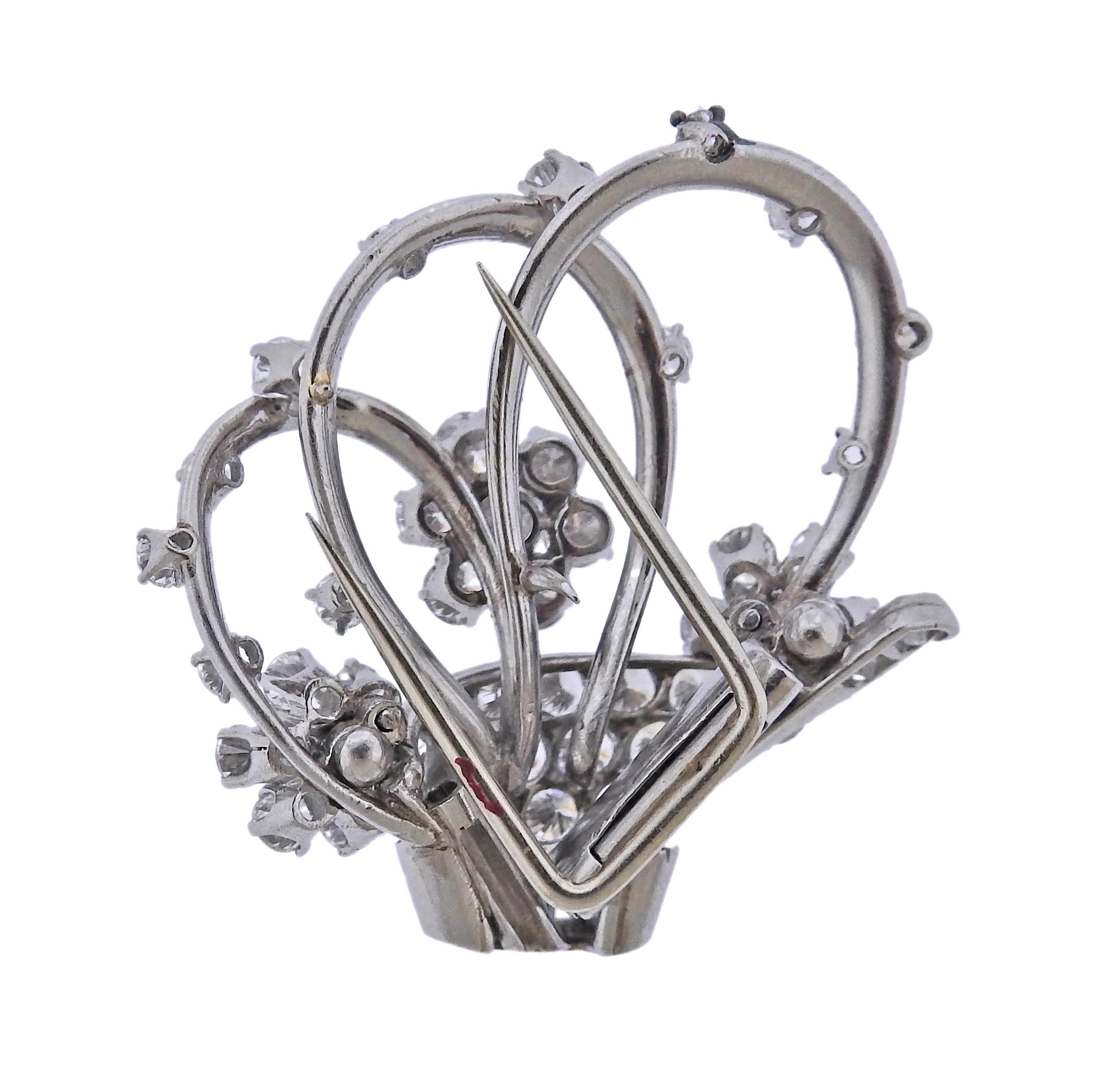 Round Cut Platinum Diamond Bridal Basket Brooch Clip For Sale