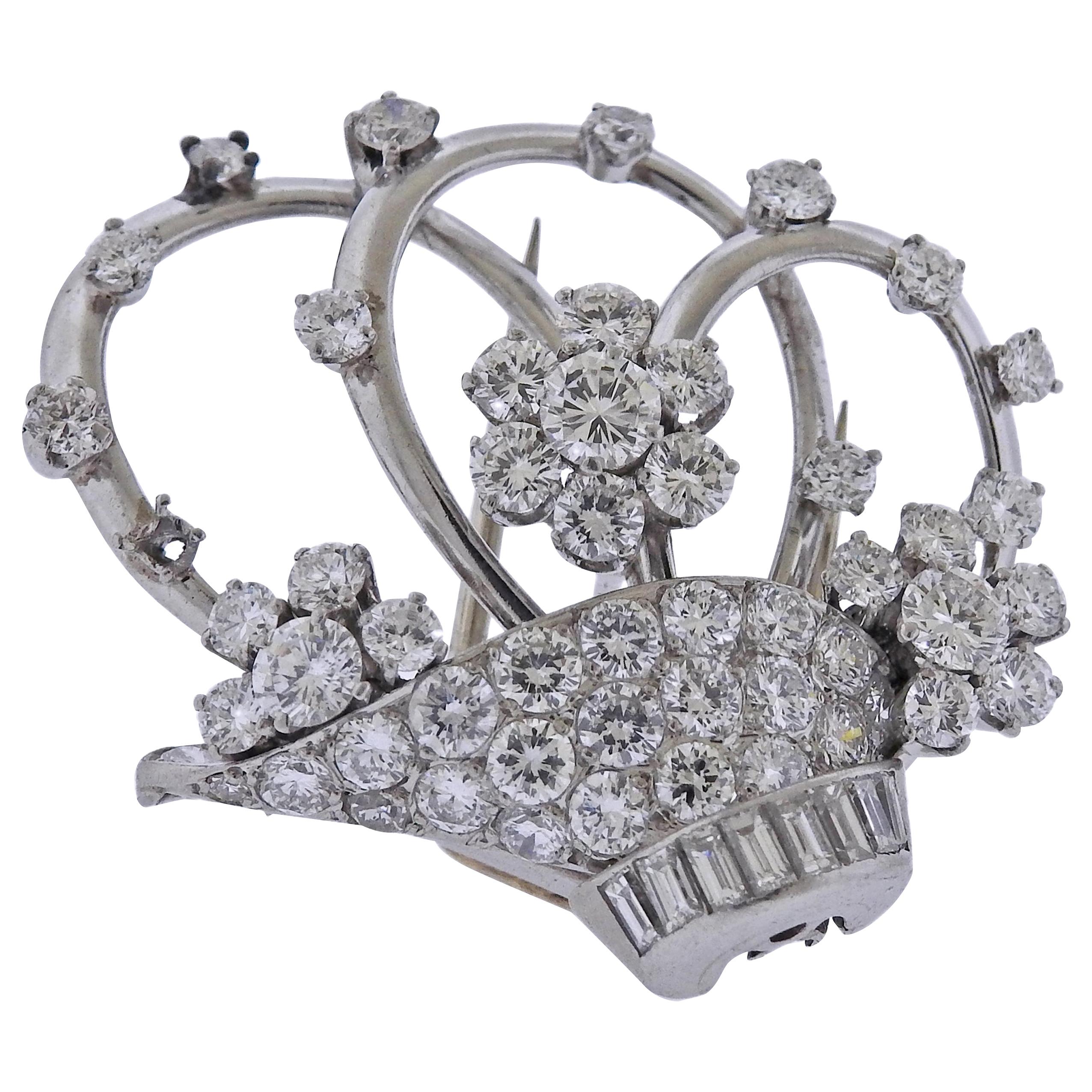 Platinum Diamond Bridal Basket Brooch Clip For Sale