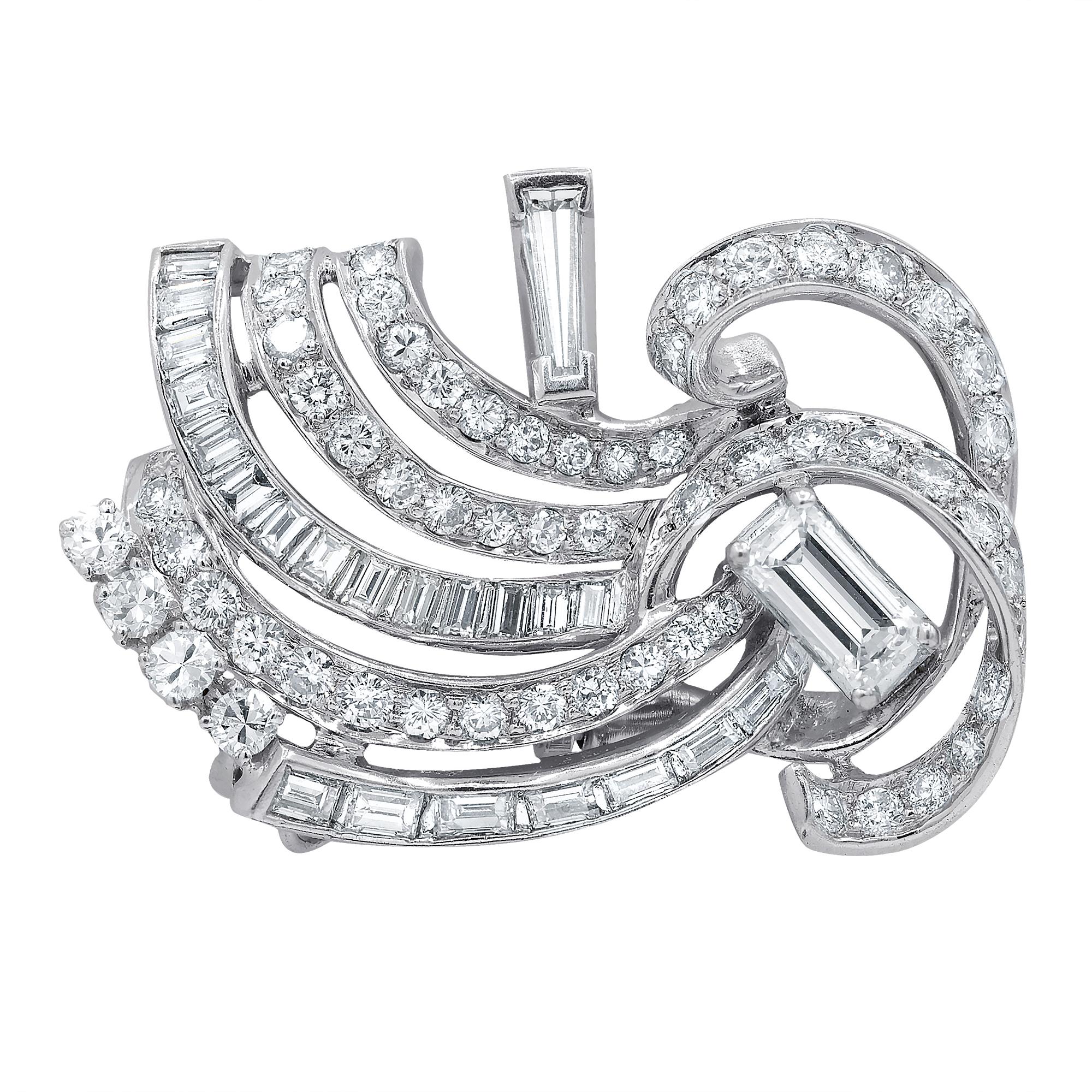 Round Cut Platinum Diamond Brooch Featuring 5.15ct of Baguettes and Round Diamonds For Sale