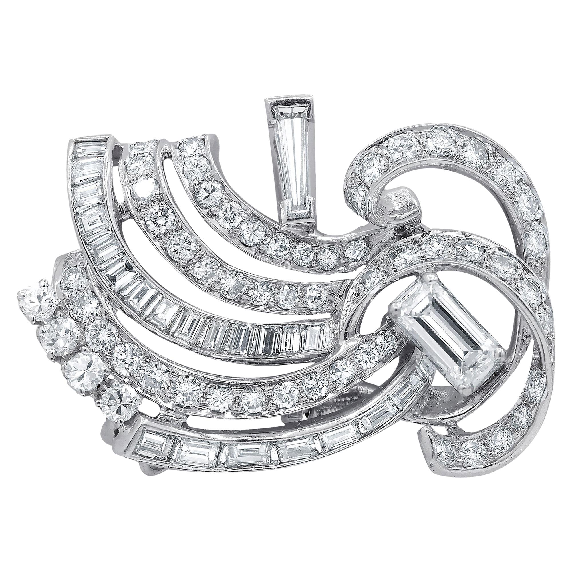 Platinum Diamond Brooch Featuring 5.15ct of Baguettes and Round Diamonds For Sale