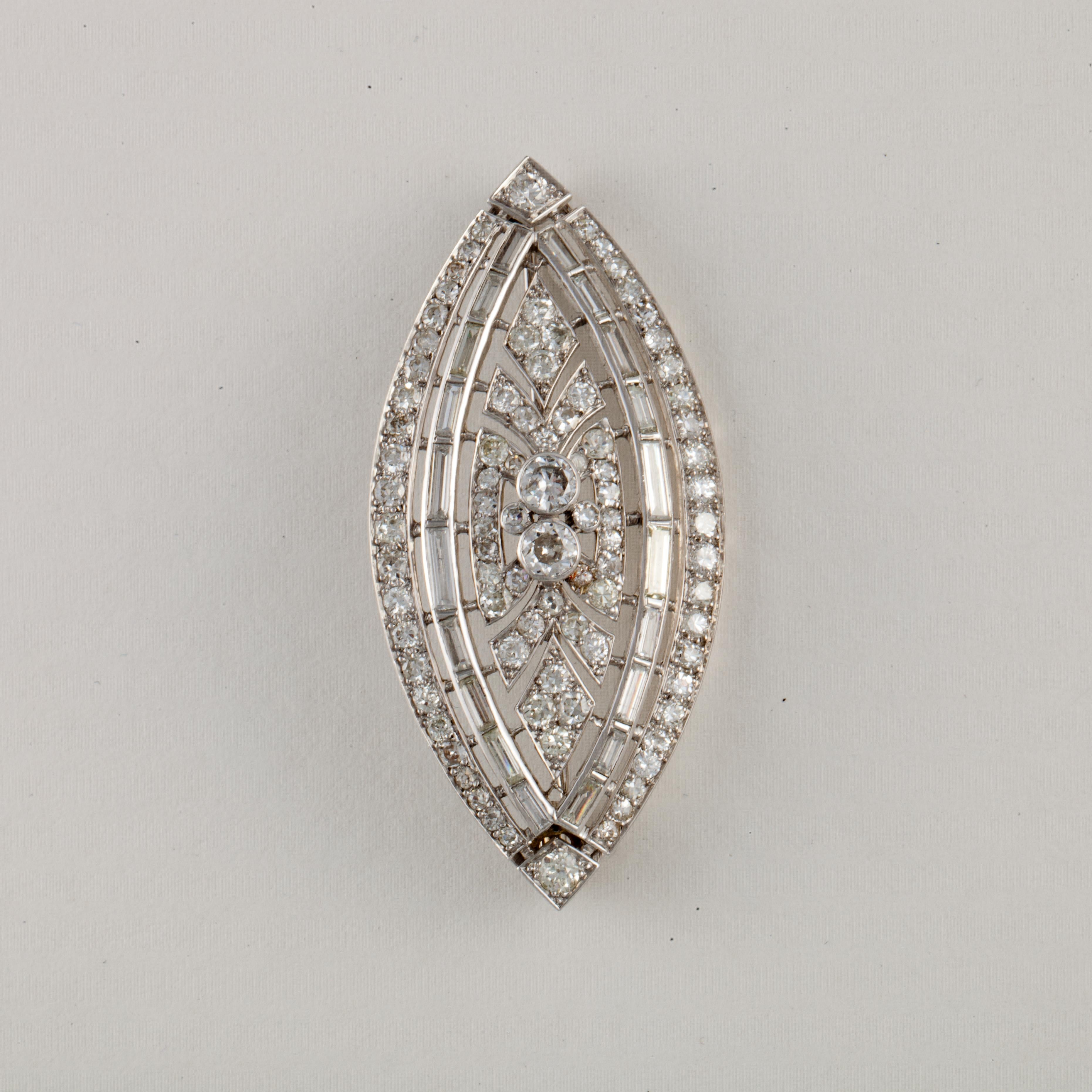 Women's or Men's Marquise Shaped Diamond Brooch in Platinum