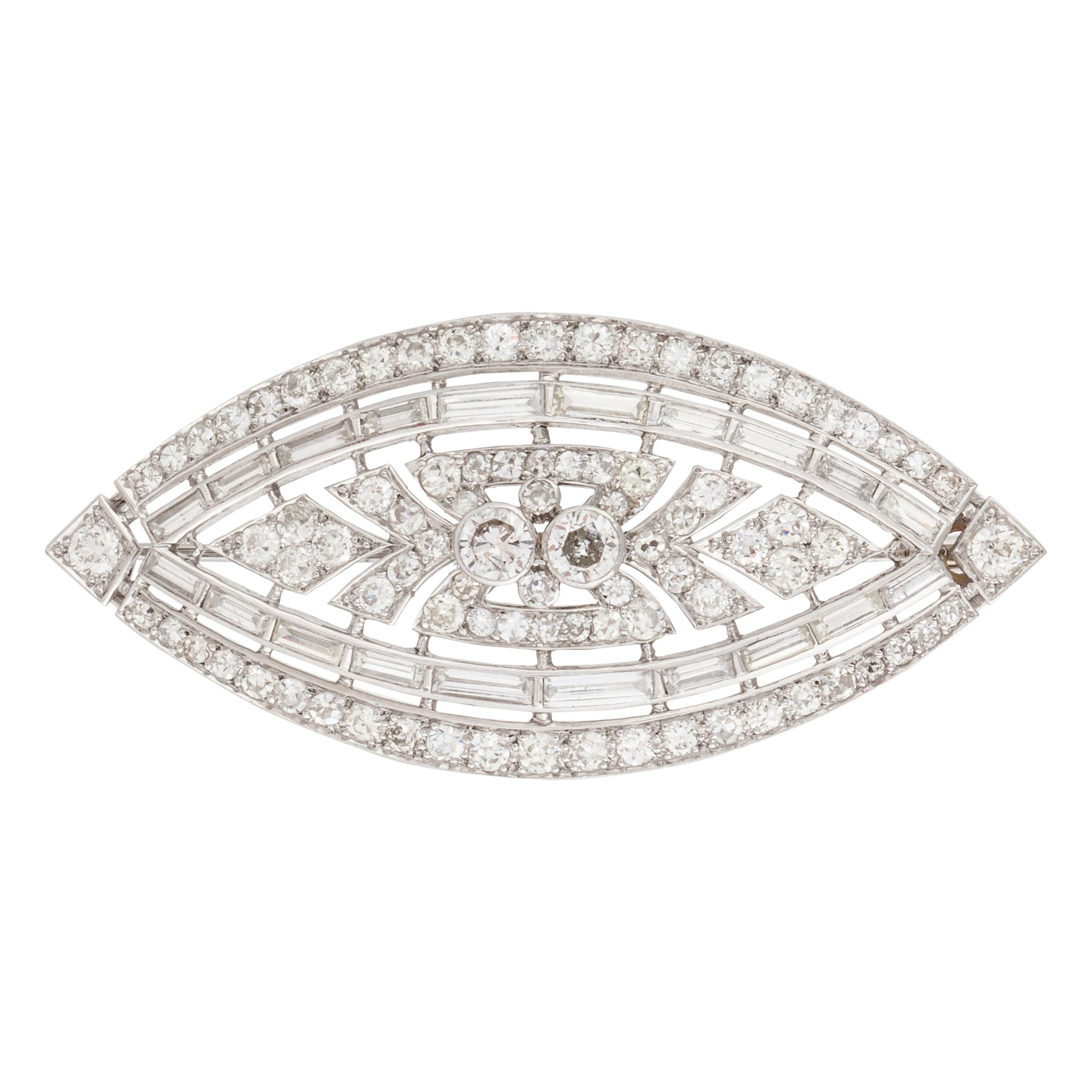 Marquise Shaped Diamond Brooch in Platinum