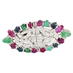Antique Platinum, Diamond, Carved Ruby, Carved Emerald, and Carved Sapphire Clip Brooch