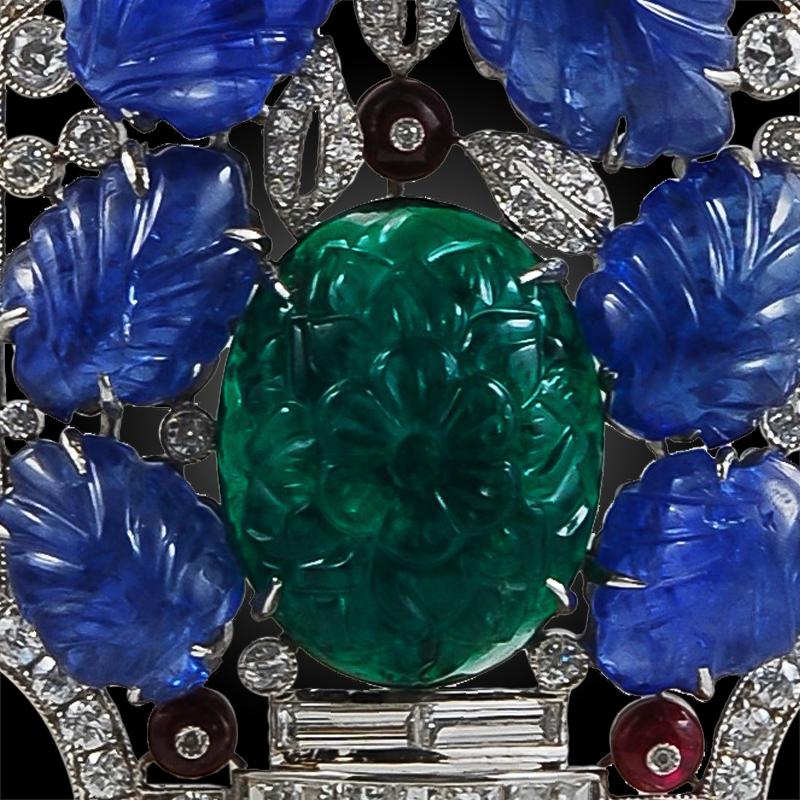 Mixed Cut Platinum Diamond, Carved Sapphire, Emerald Necklace