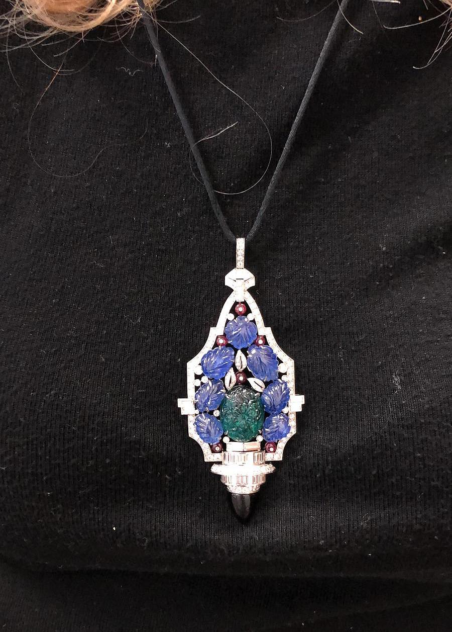 Women's Platinum Diamond, Carved Sapphire, Emerald Necklace For Sale