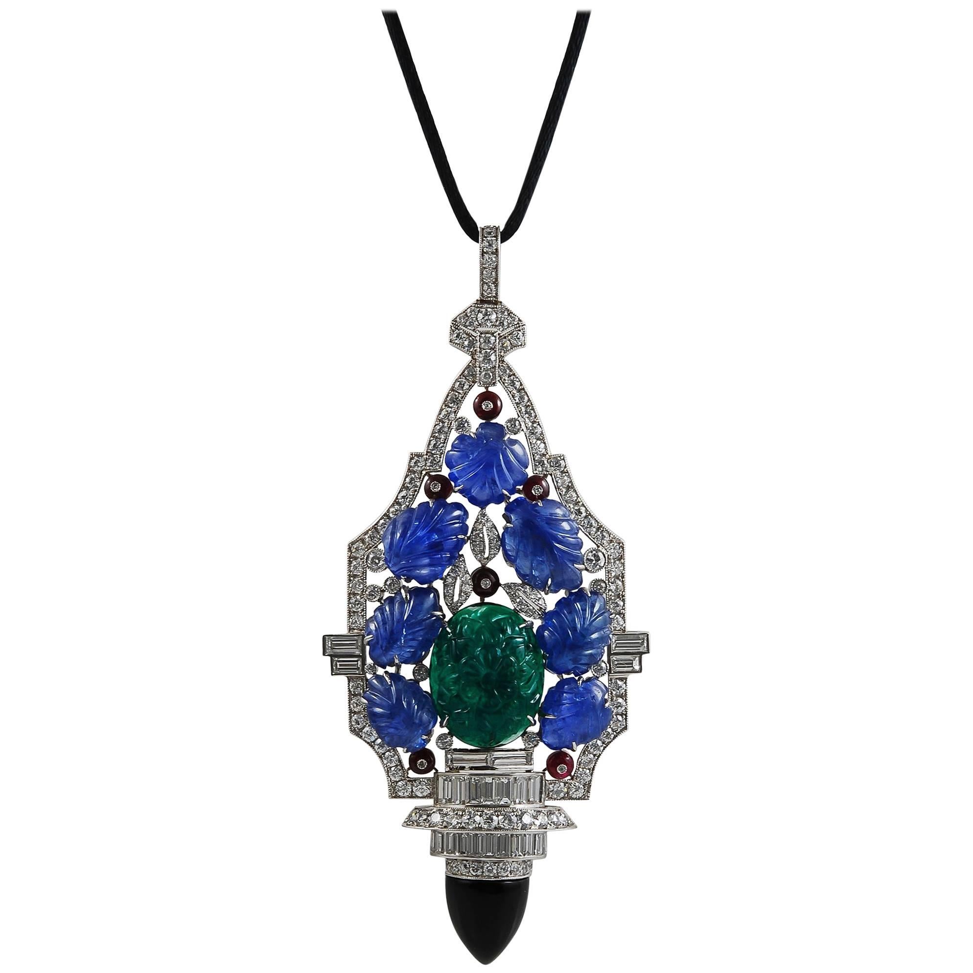 Platinum Diamond, Carved Sapphire, Emerald Necklace For Sale