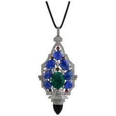 Platinum Diamond, Carved Sapphire, Emerald Necklace