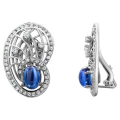 Platin Diamant Ceylon Cabochon Saphir Vintage Ohrringe Clip-On