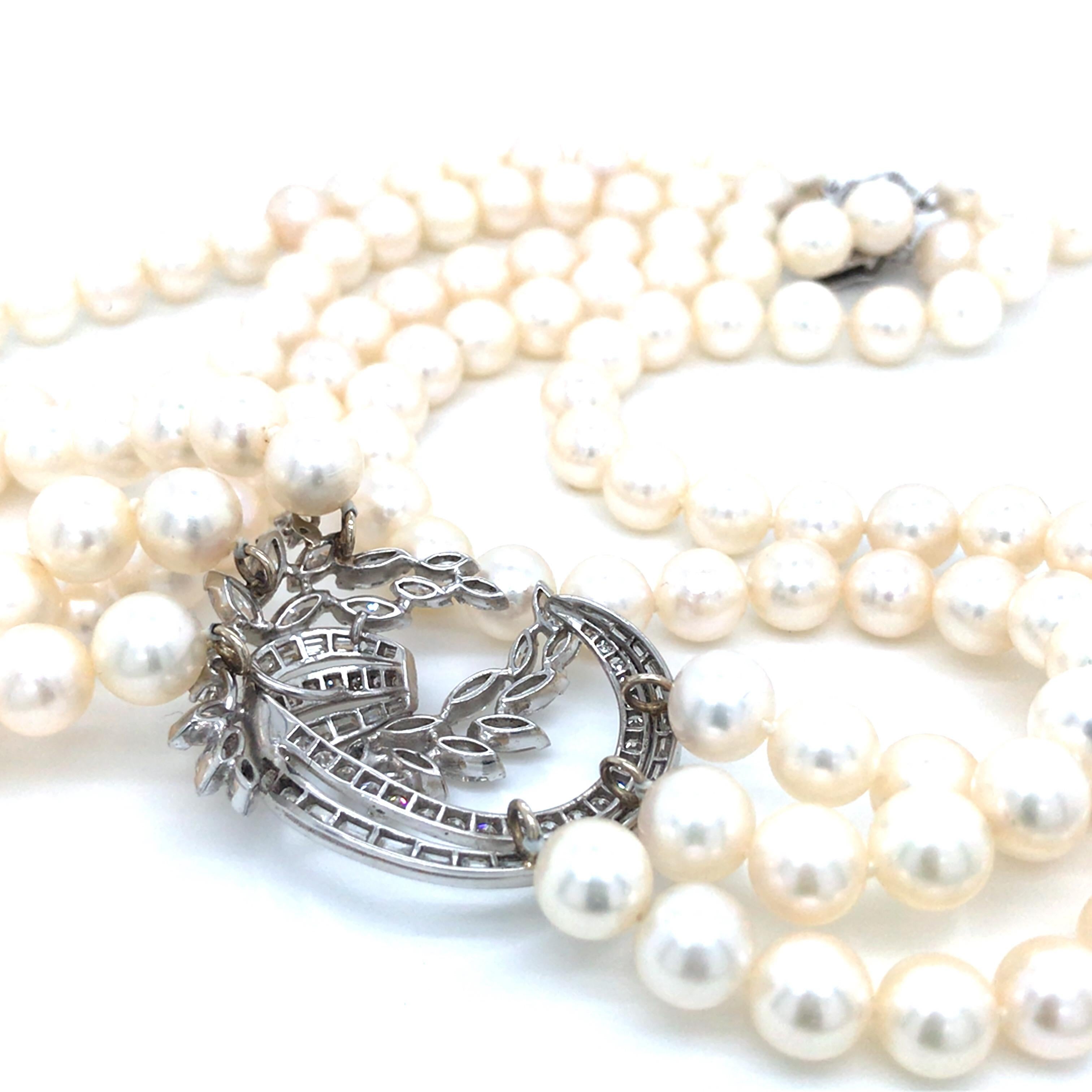Platinum Diamond Clasp '3' Strand Pearl Choker Necklace In Good Condition For Sale In Boca Raton, FL