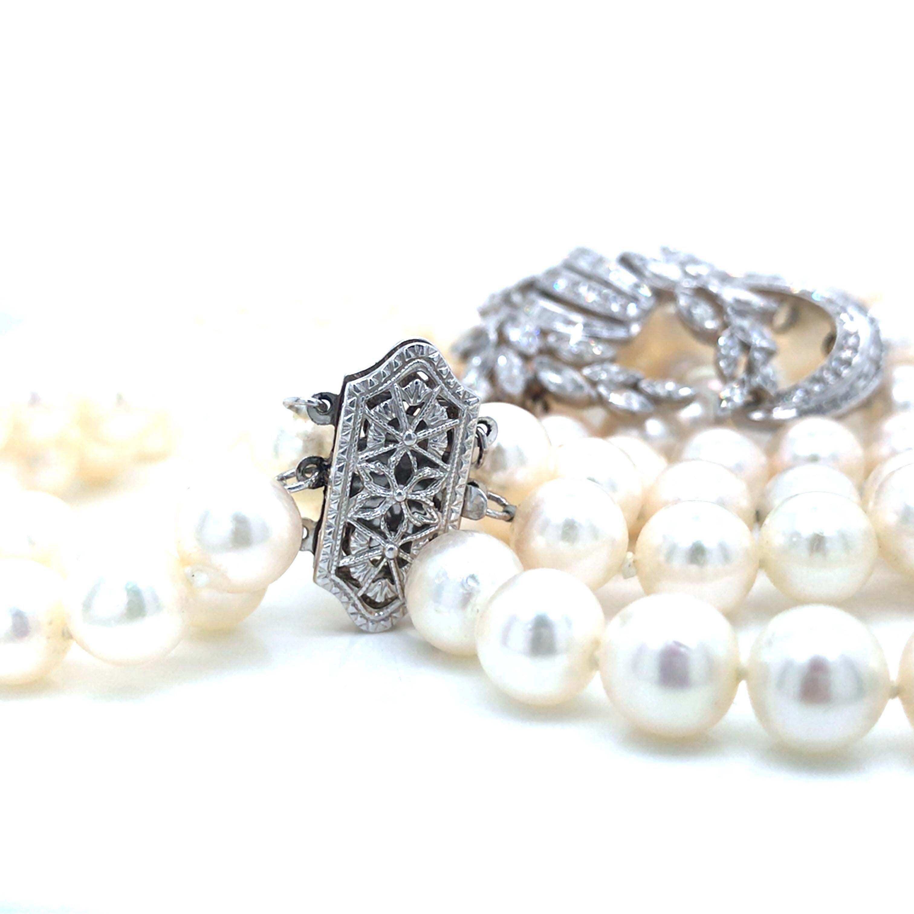 Women's Platinum Diamond Clasp '3' Strand Pearl Choker Necklace For Sale