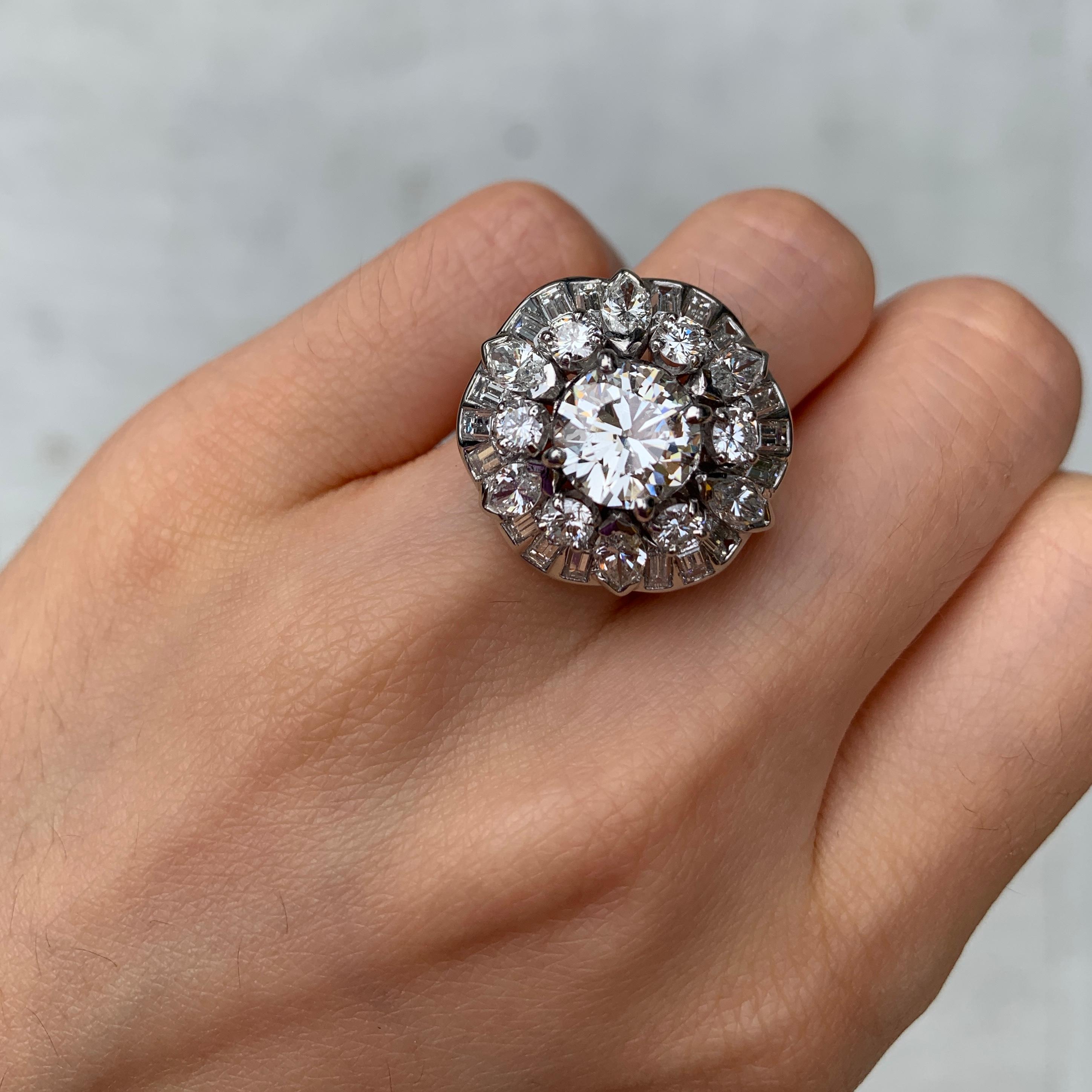 Platinum Diamond Cluster Retro Cocktail Ring In Excellent Condition In Greenwich, CT