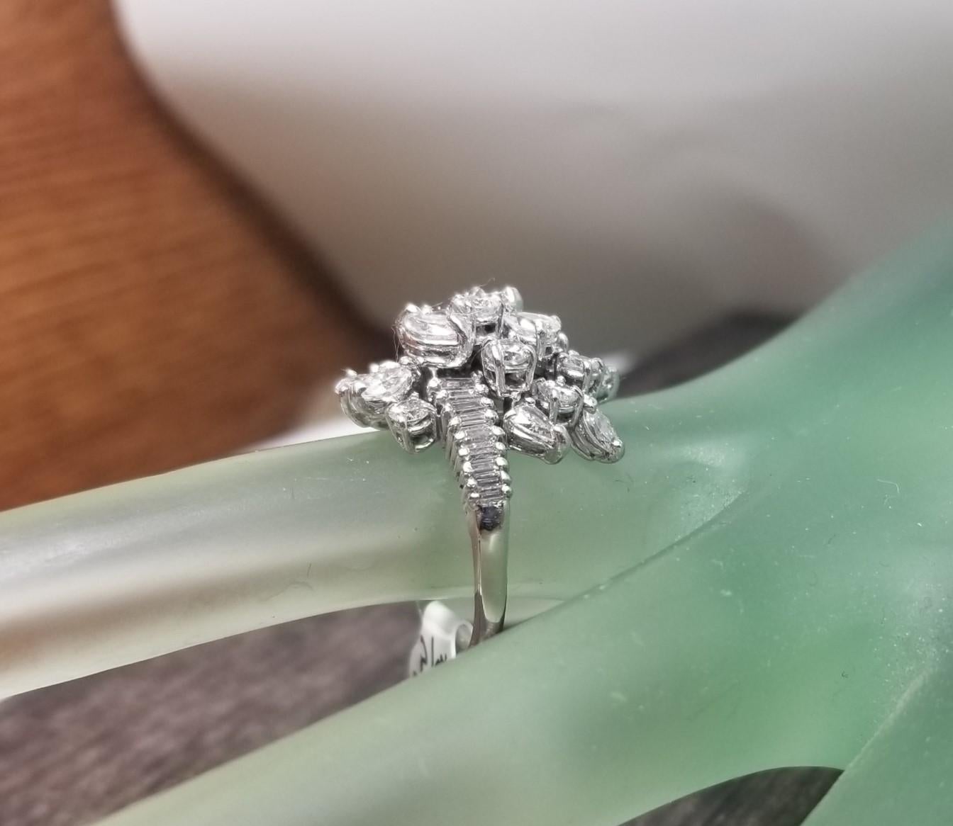 Platinum Diamond Cluster Ring w/ Marquise, Pear, Round and Baguette Cut Diamonds For Sale 1