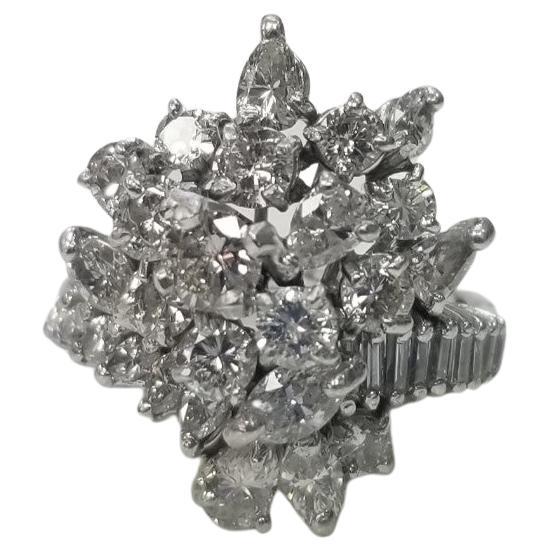 Platinum Diamond Cluster Ring w/ Marquise, Pear, Round and Baguette Cut Diamonds For Sale