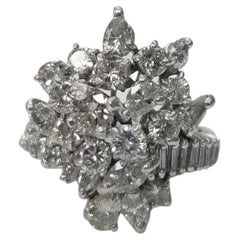 Retro Platinum Diamond Cluster Ring w/ Marquise, Pear, Round and Baguette Cut Diamonds