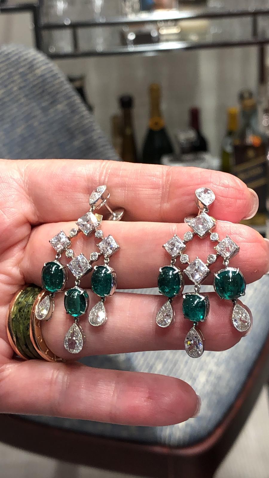 Mixed Cut Platinum Diamond, Colombian Emerald Earrings For Sale