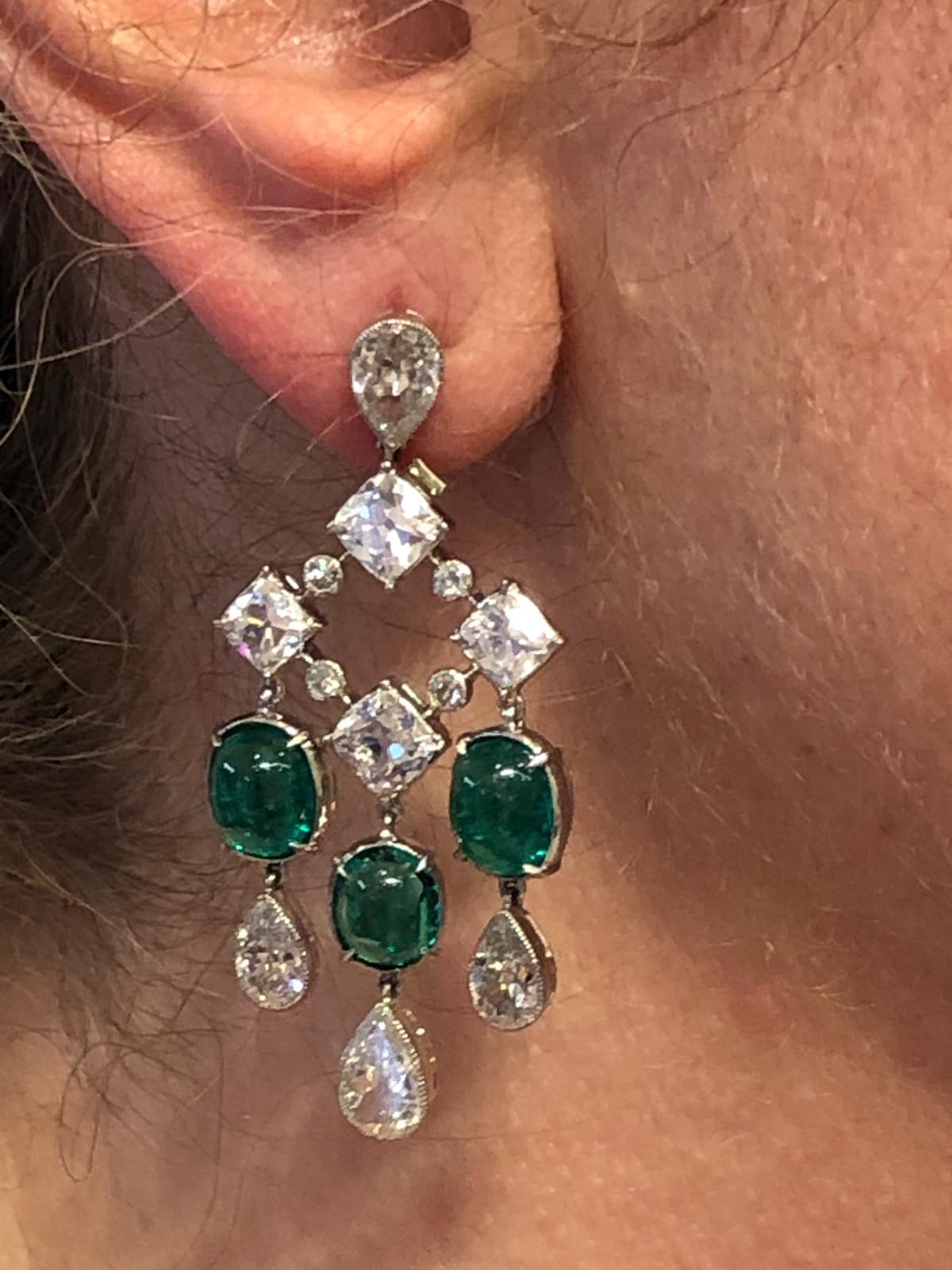 Platinum Diamond, Colombian Emerald Earrings In Good Condition For Sale In New York, NY