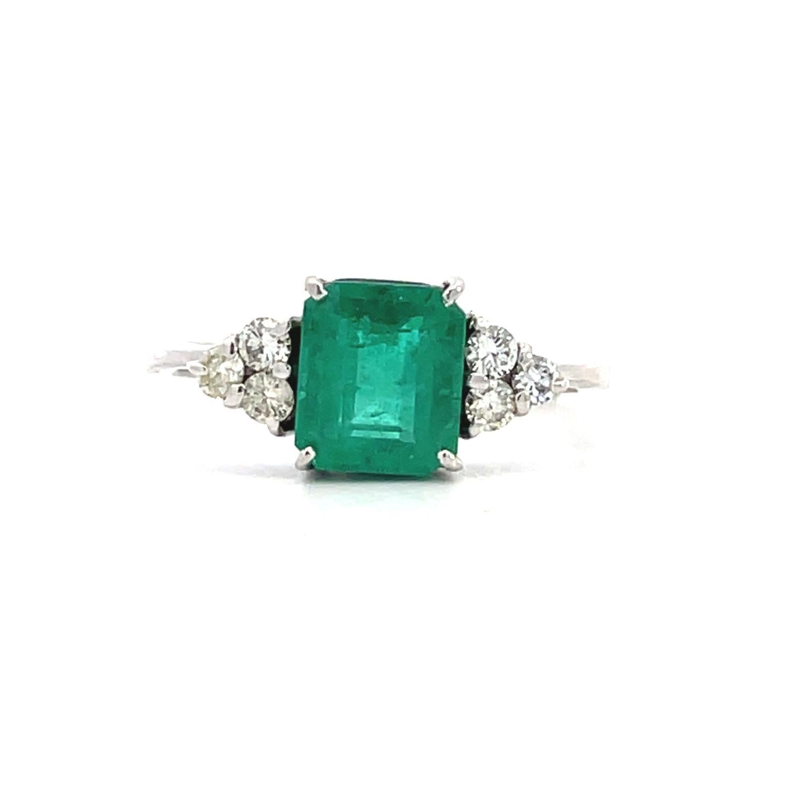 Unique Engagement Ring for someone special!
Platinum Weight 5.2g 
Diamond Approx. 0.24ct 
Emerald Approx. 1.50ct 
Ring Size 10