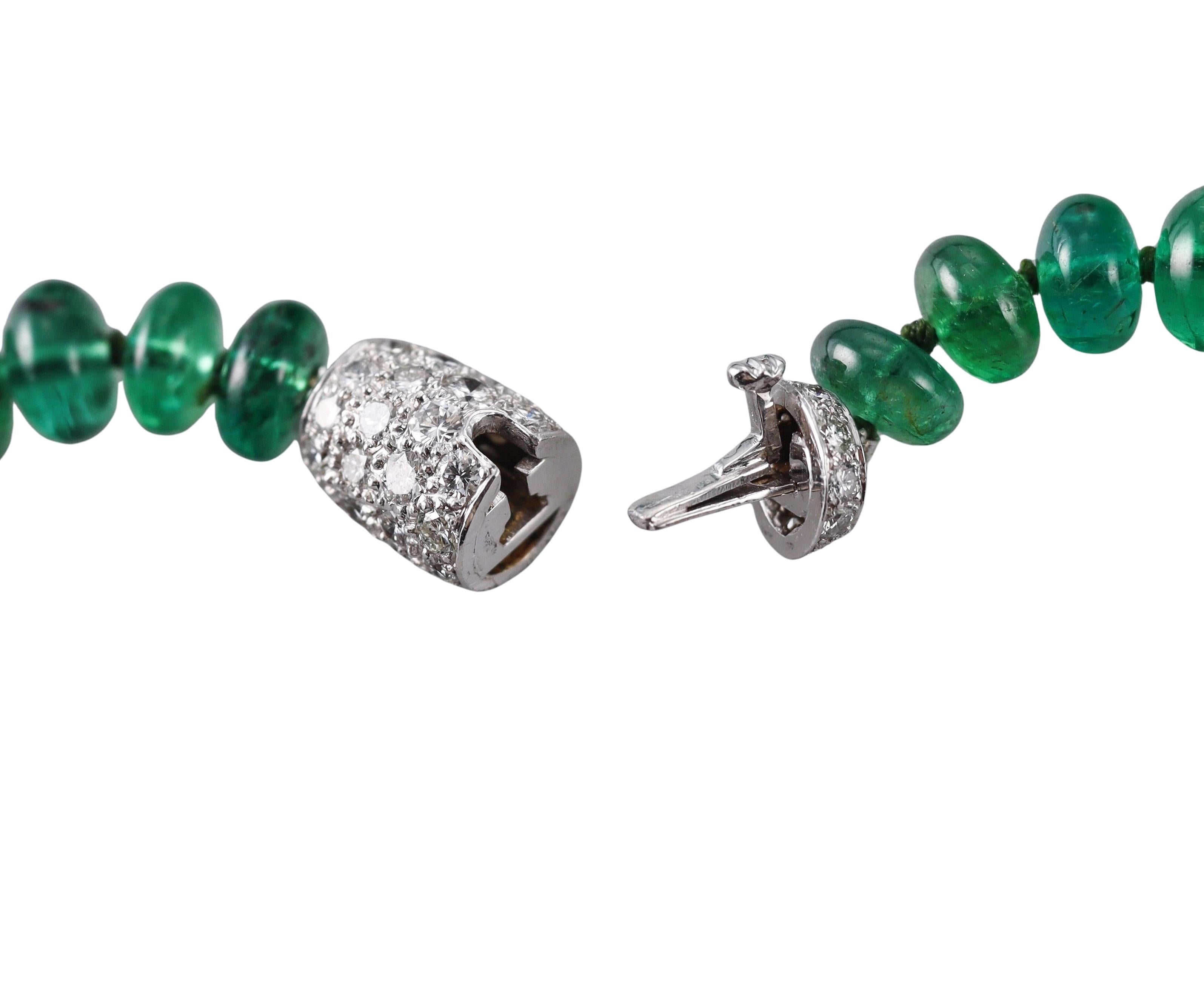 Round Cut Platinum Diamond Coral and Emerald Bead Necklace For Sale