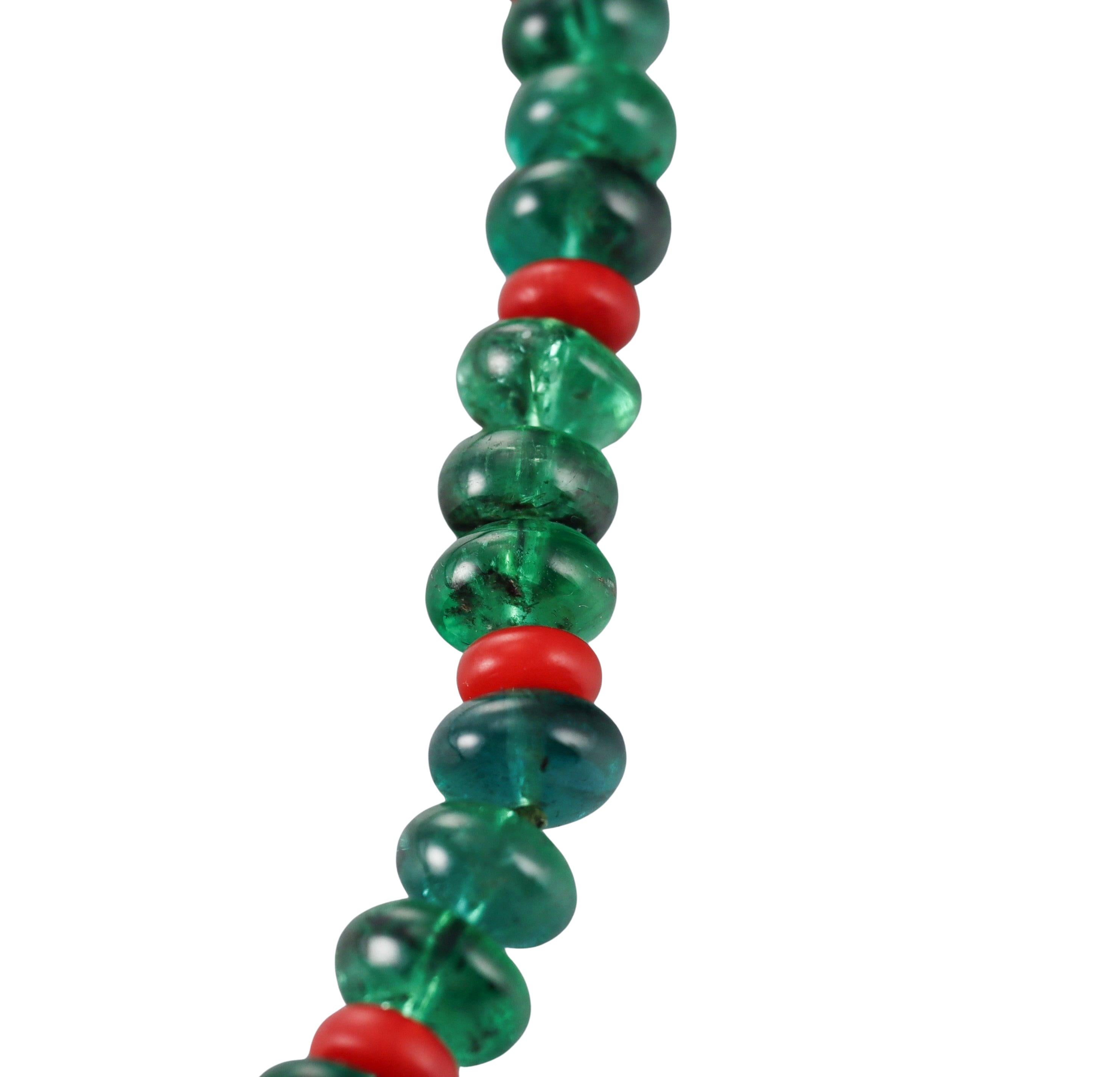 Platinum Diamond Coral and Emerald Bead Necklace In Excellent Condition For Sale In New York, NY