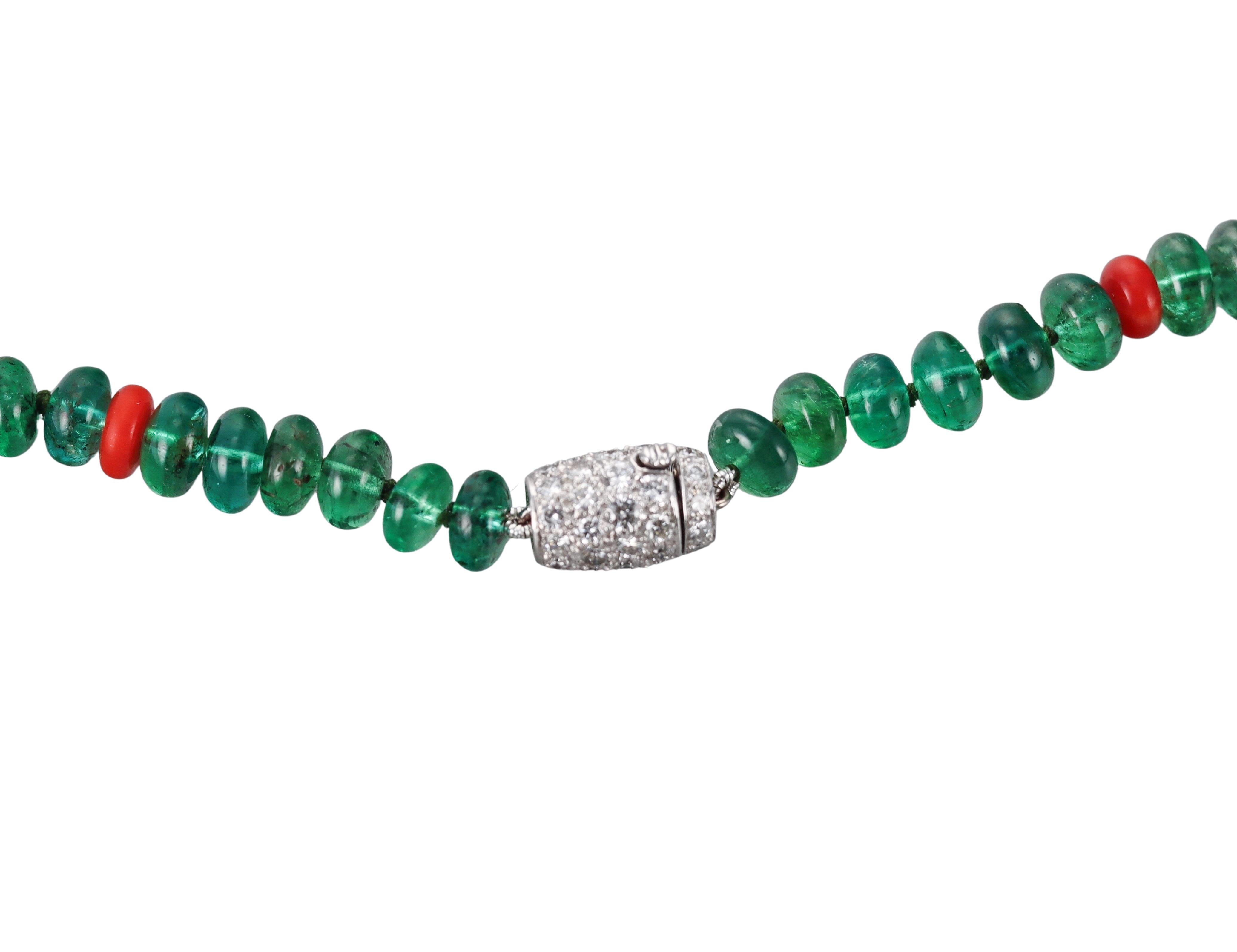 Women's Platinum Diamond Coral and Emerald Bead Necklace For Sale